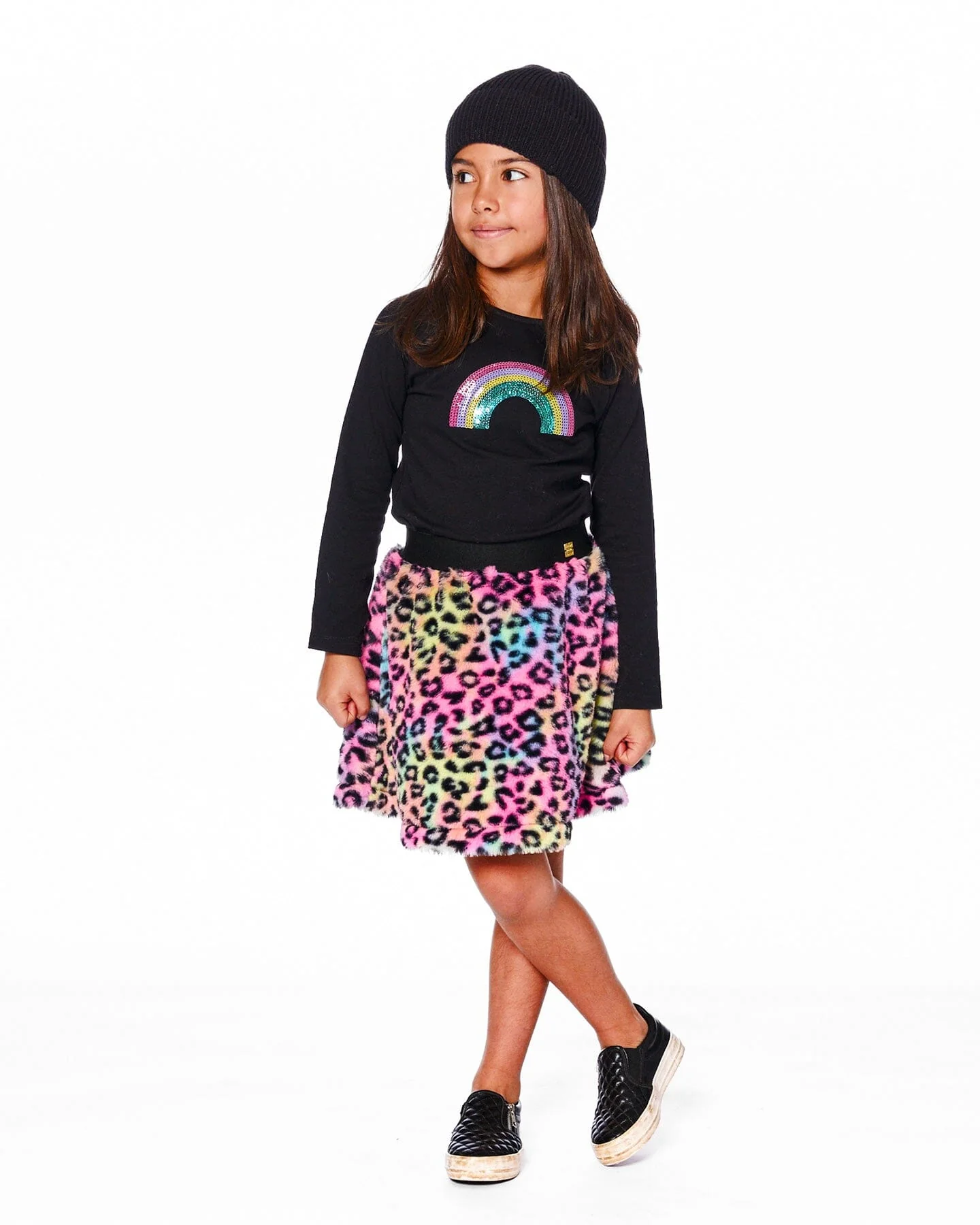 Organic Cotton Long Sleeve T-Shirt Black With Sequin Rainbow - Deux par Deux