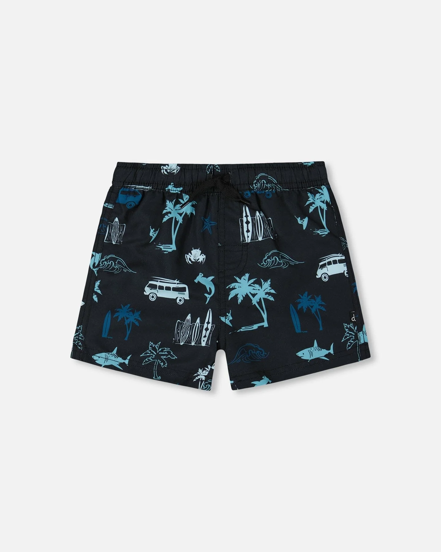 Printed Swim Trunks Light Blue Beach On Black - Deux par Deux