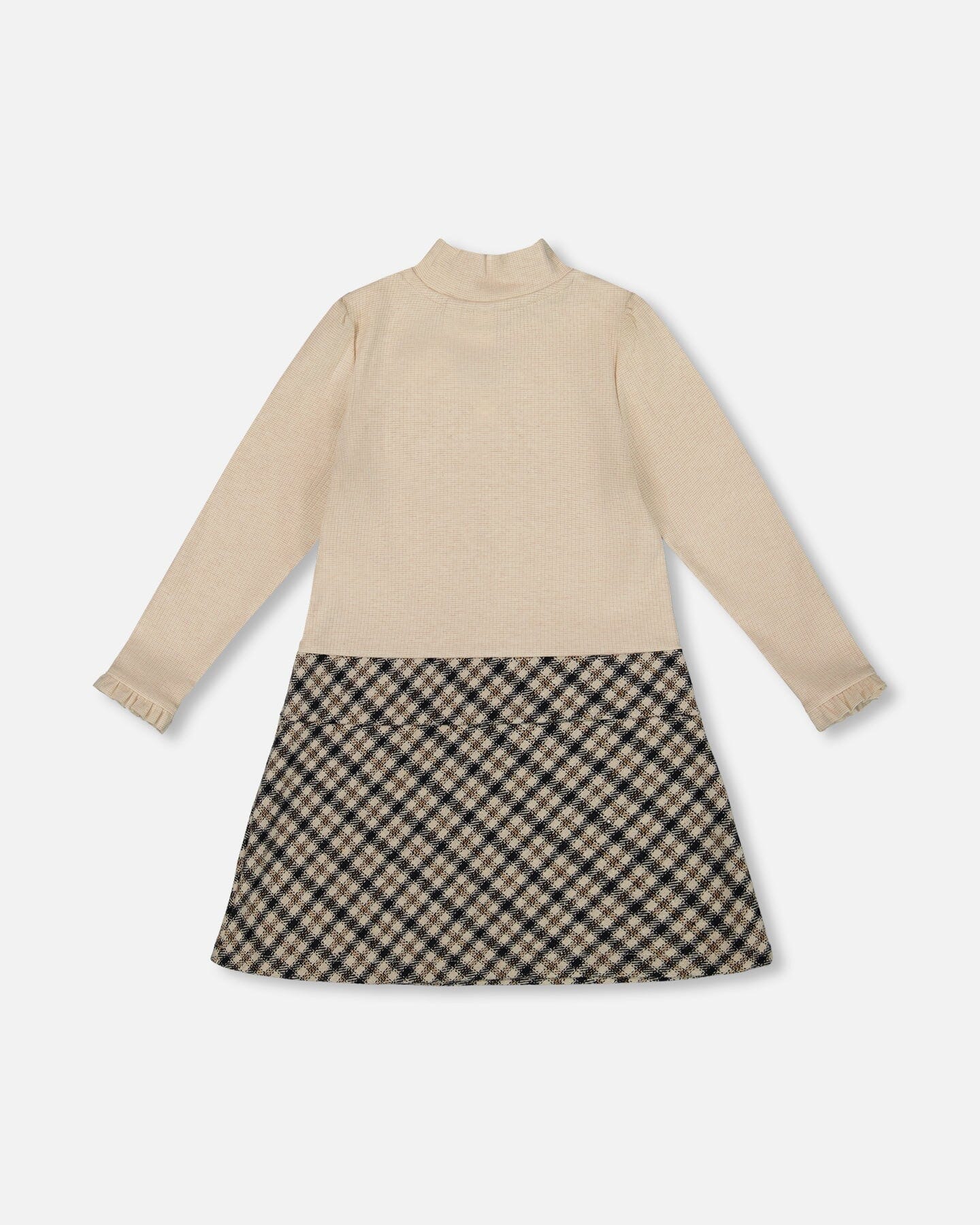 Long Sleeve Bi-Material Mock Neck Dress Beige And Plaid - Deux par Deux