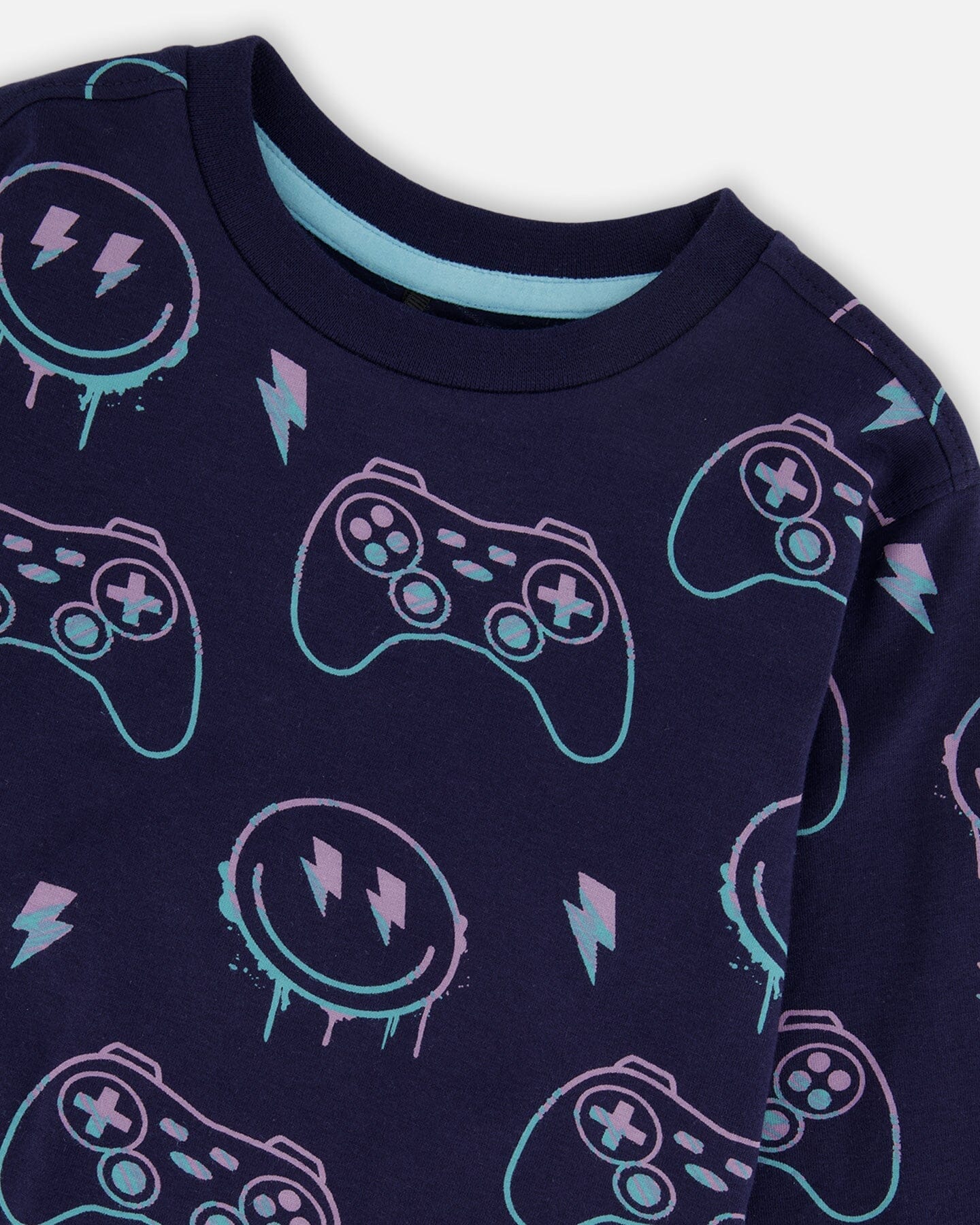 Long Sleeve Organic Cotton Allover Print Tee Navy Blue - Deux par Deux