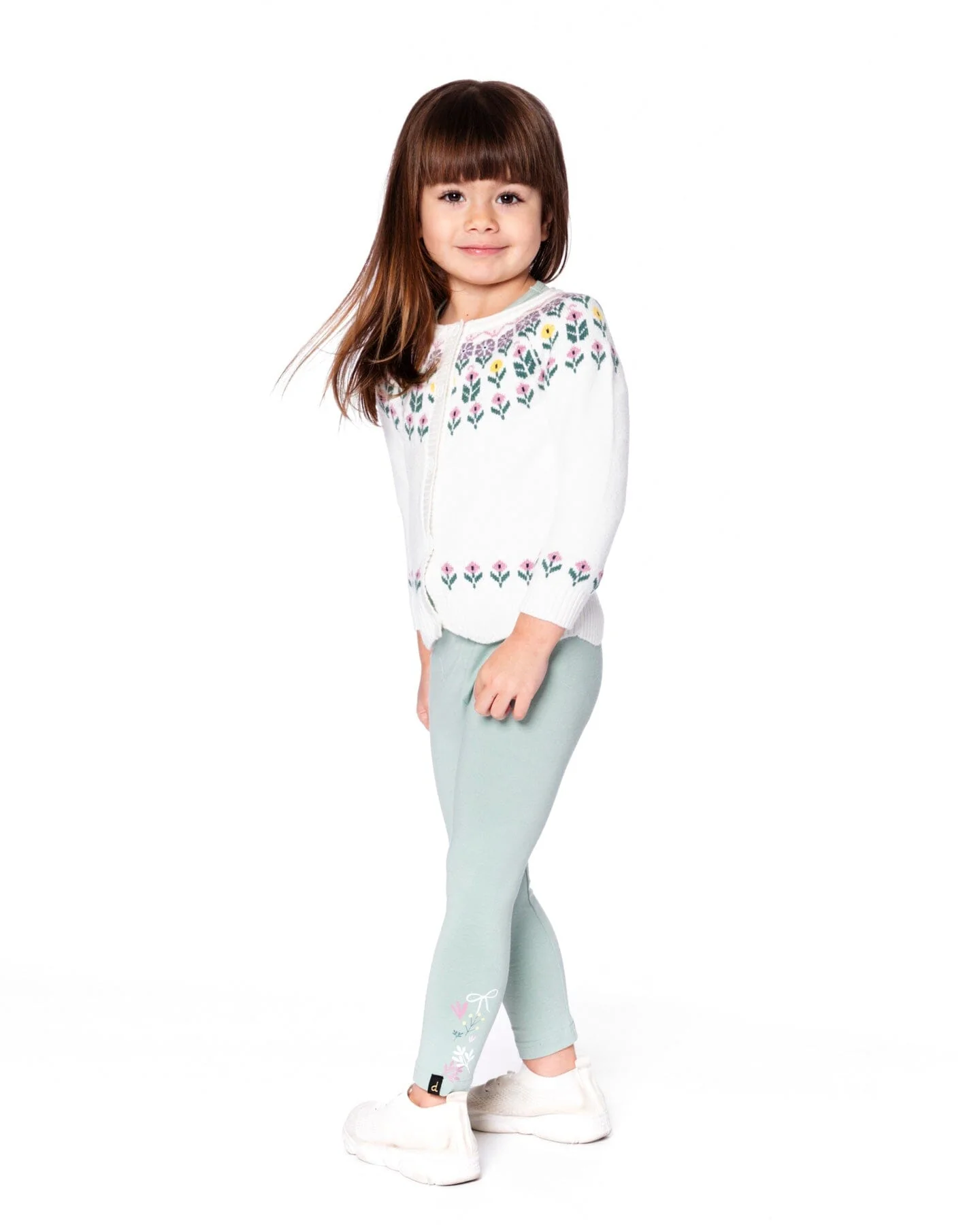 Organic Cotton Jersey Leggings Jade Green With Floral Detail - Deux par Deux