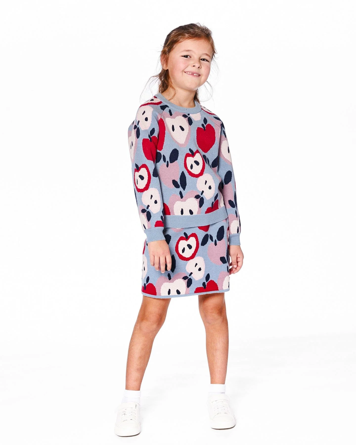 Knit Skirt Blue And Red With Apple Heart Jacquard - Deux par Deux