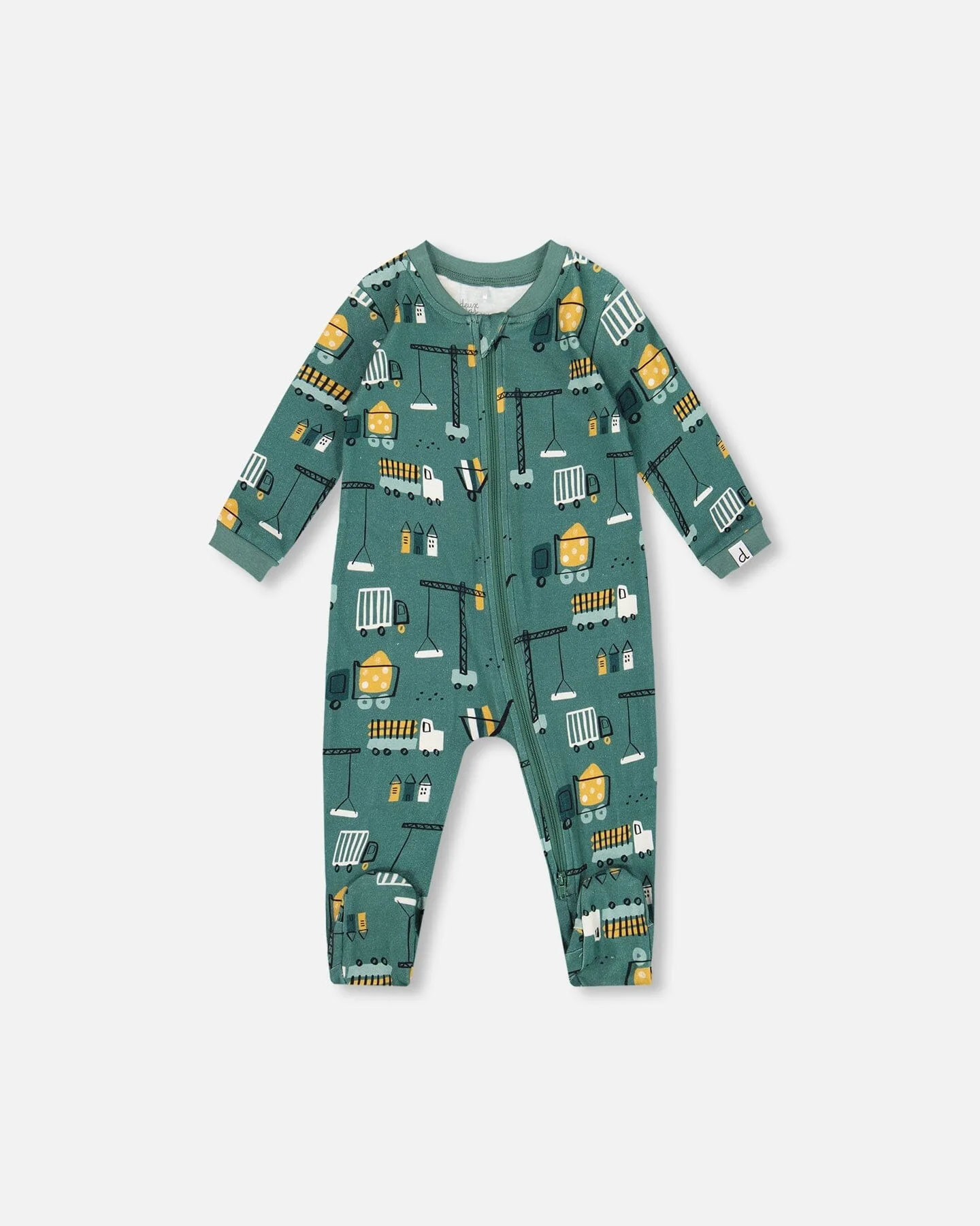 One-Piece Organic Cotton Pajama Teal Construction Print - Deux par Deux