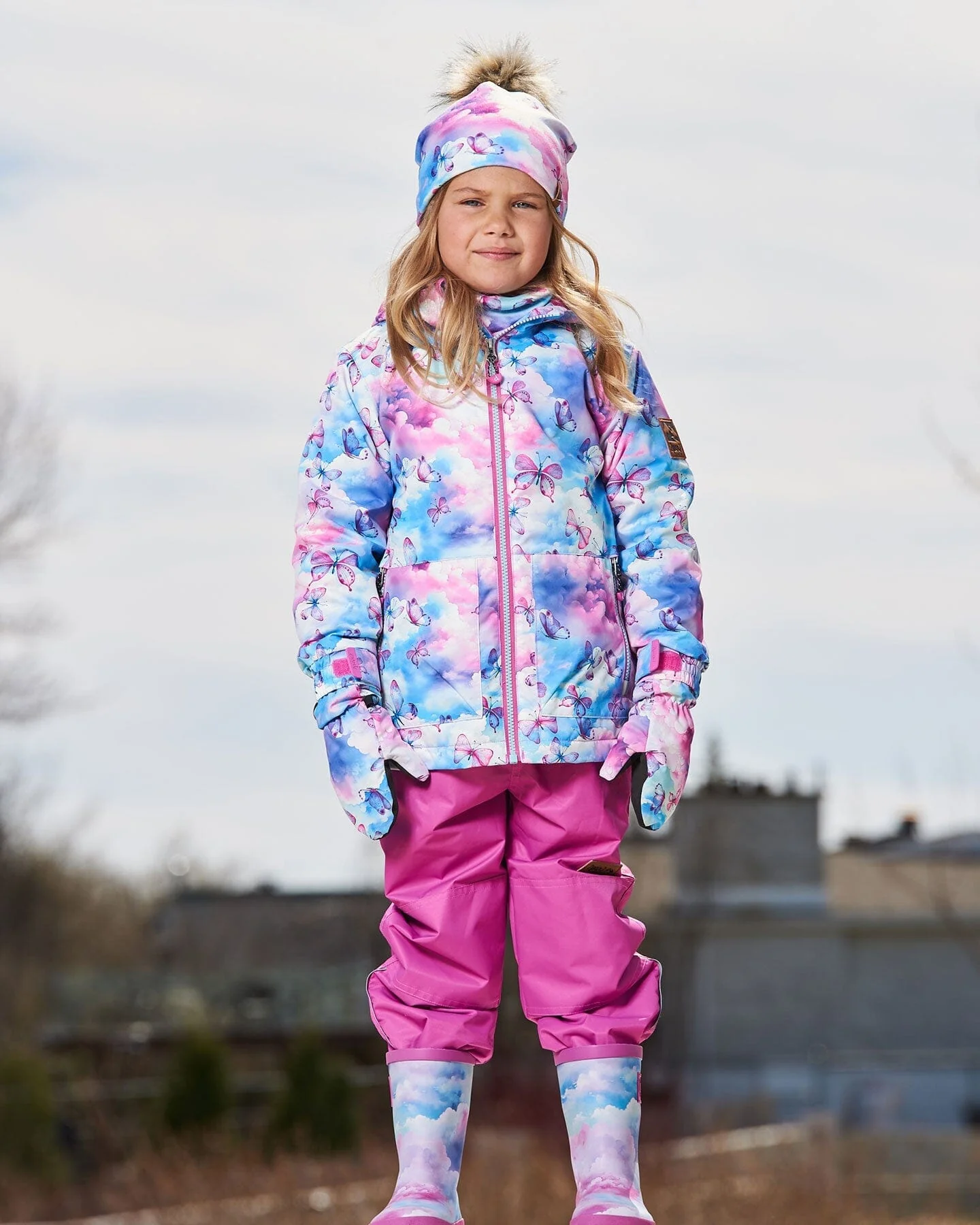 Printed Jacket Two-Piece Mid-Season Outerwear Set Butterflies On Multicolored And Vibrant Pink Background - Deux par Deux