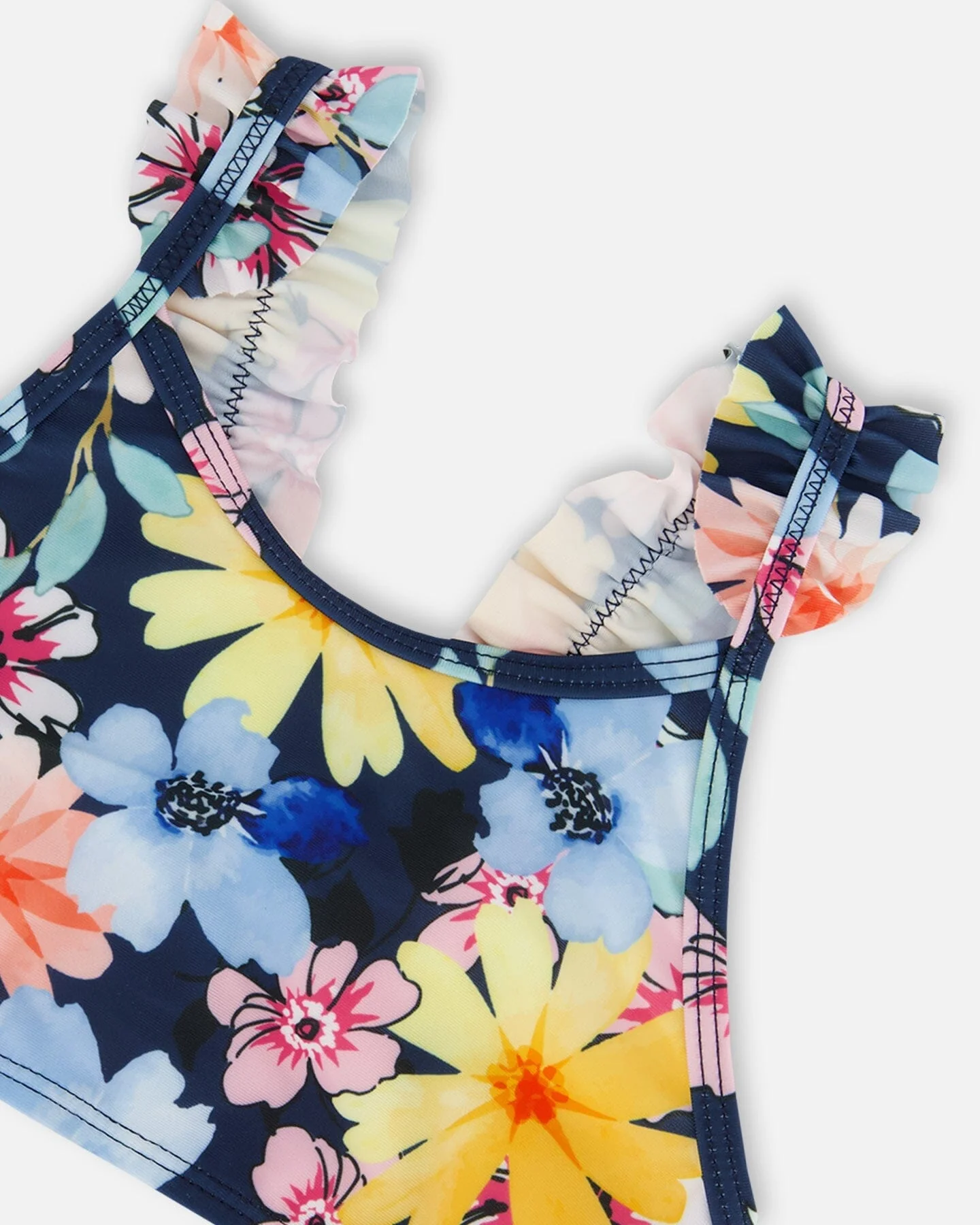 Printed Two-Piece Swimsuit Navy And Yellow And Pink Flowers - Deux par Deux