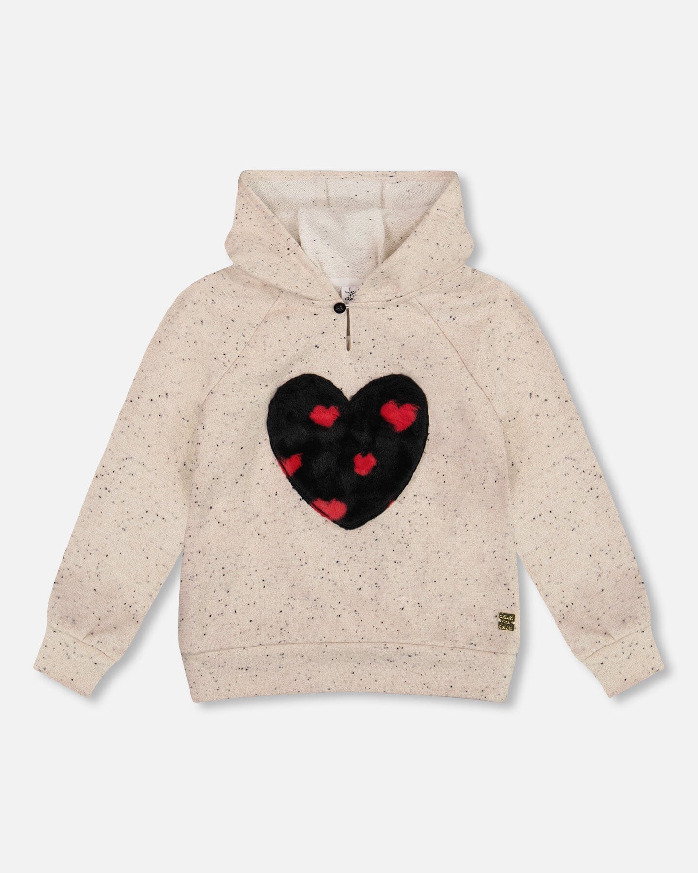 Glittering Beige French Terry Hoodie With Heart Applique - Deux par Deux