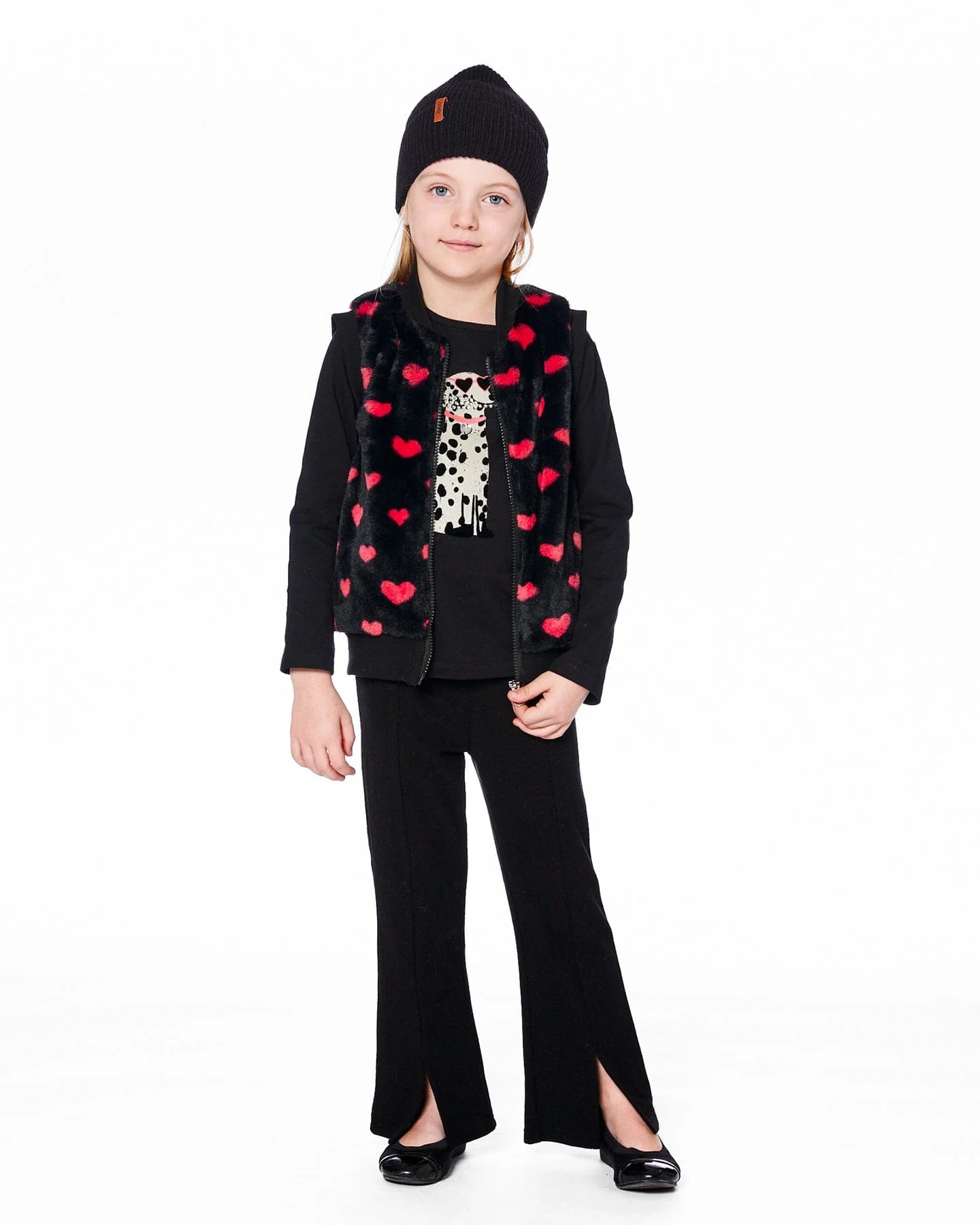 Faux Fur Sleeveless Vest Black And Red With Hearts - Deux par Deux