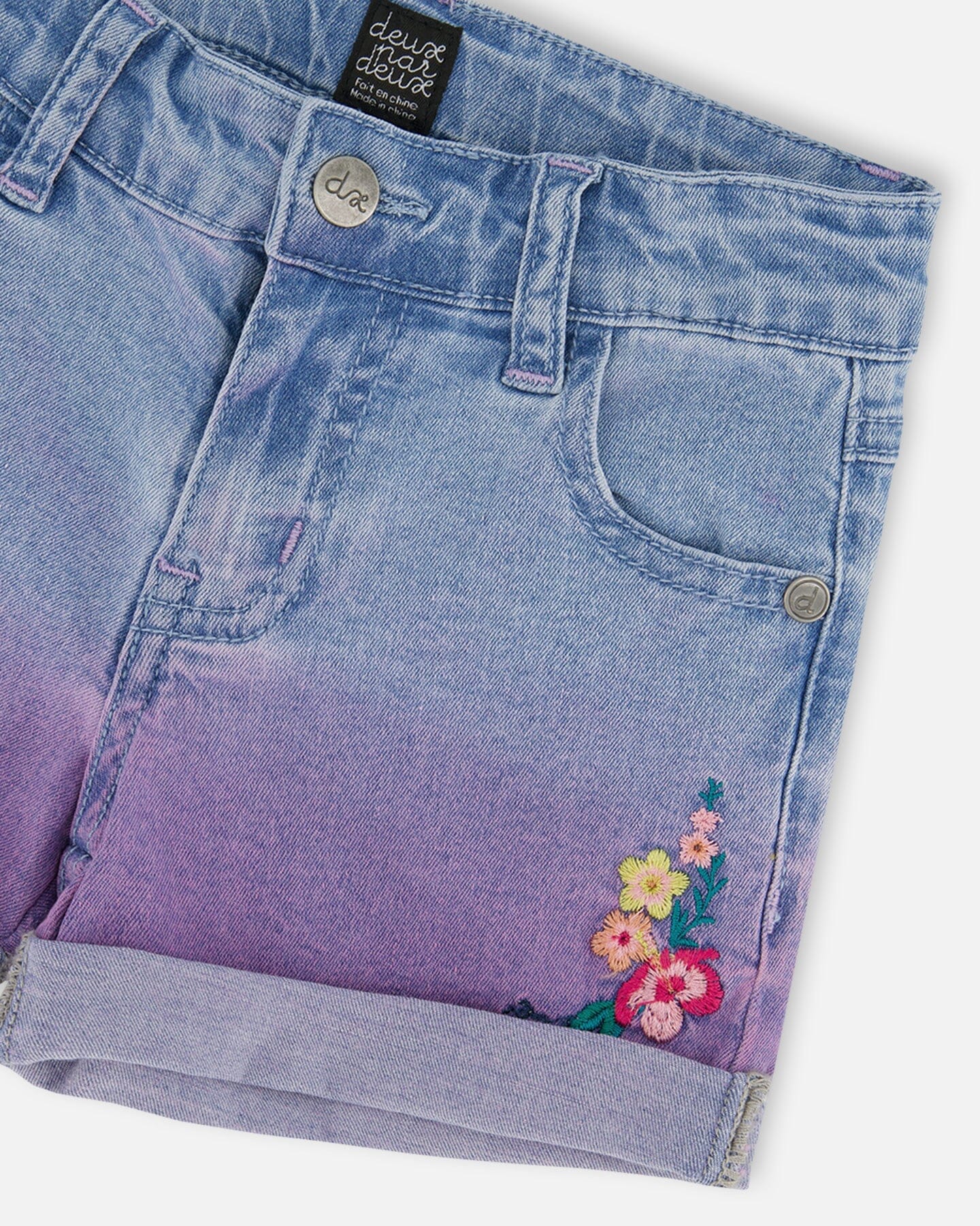 Cuffed Denim Shorts With Embroidery Floral Jeans Blue - Deux par Deux