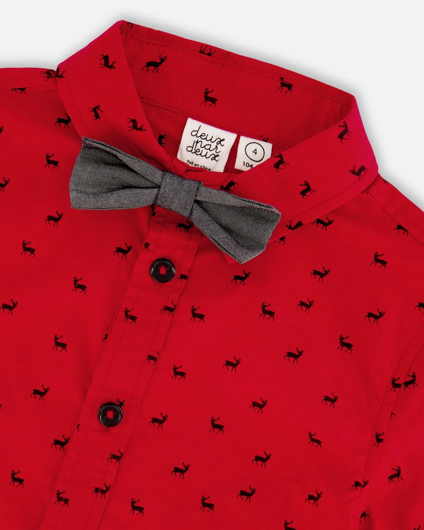 Printed Reindeer Poplin Shirt With Bow Tie Red - Deux par Deux
