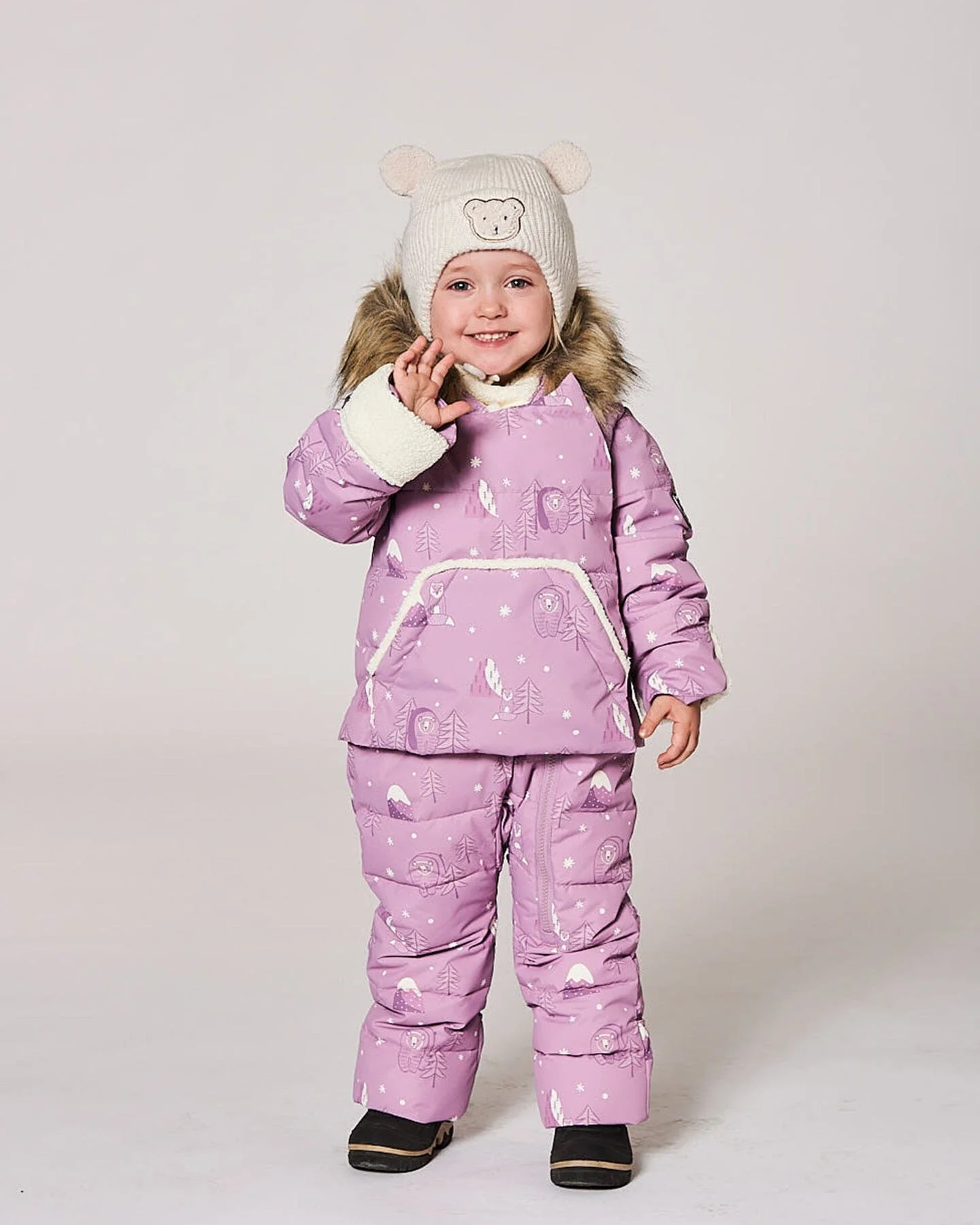One-Piece Baby Snug Snowsuit Designed For Car Seat Purple Bear Print - Deux par Deux