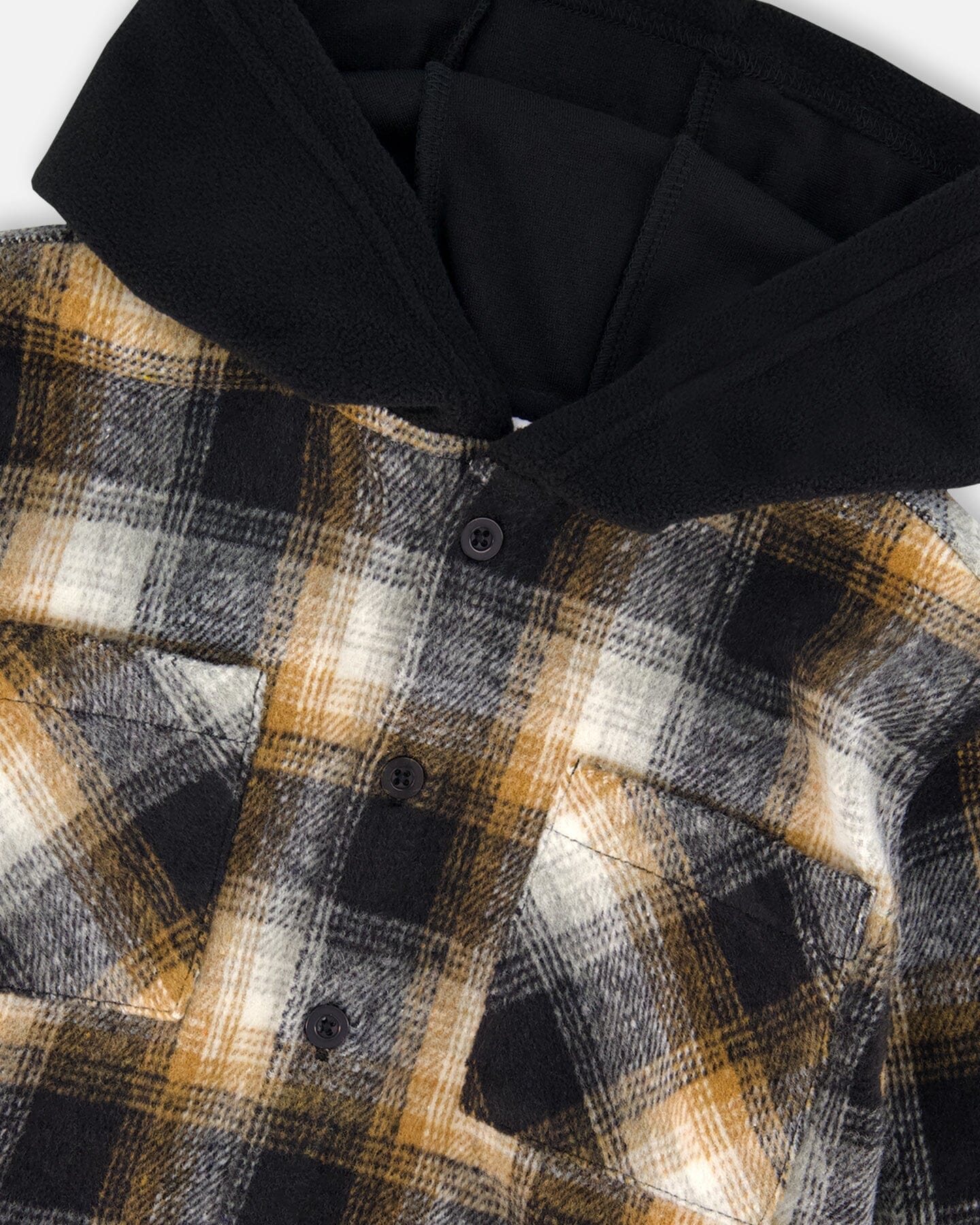 Hooded Polar Fleece Overshirt With Hood Black And Brown Plaid - Deux par Deux