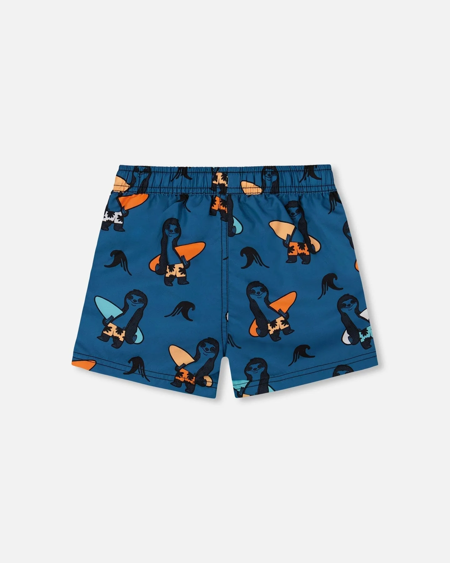 Printed Swim Trunks Orange Sloths On Navy Blue - Deux par Deux