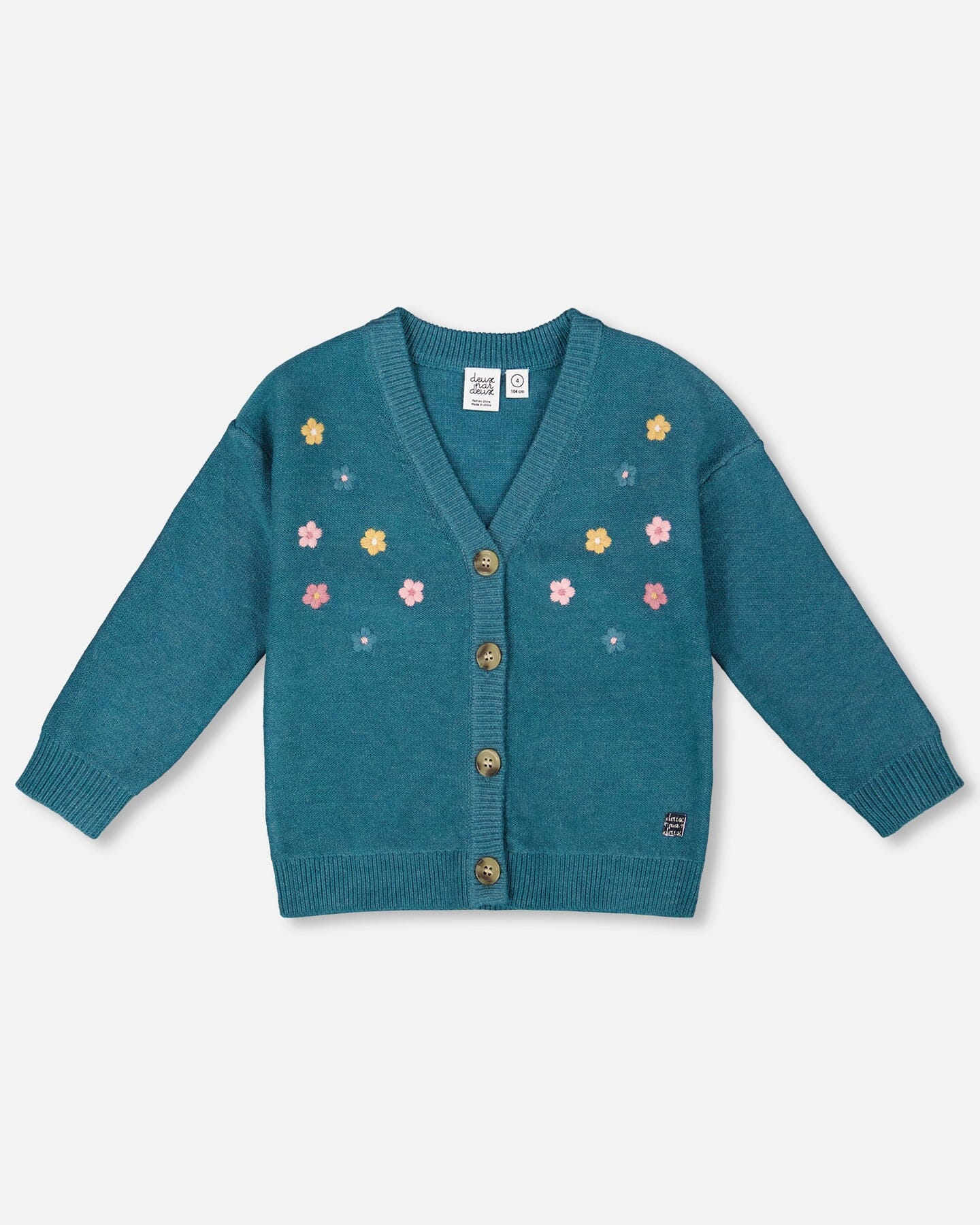 Knitted Cardigan Dark Green With Flower Embroidery - Deux par Deux