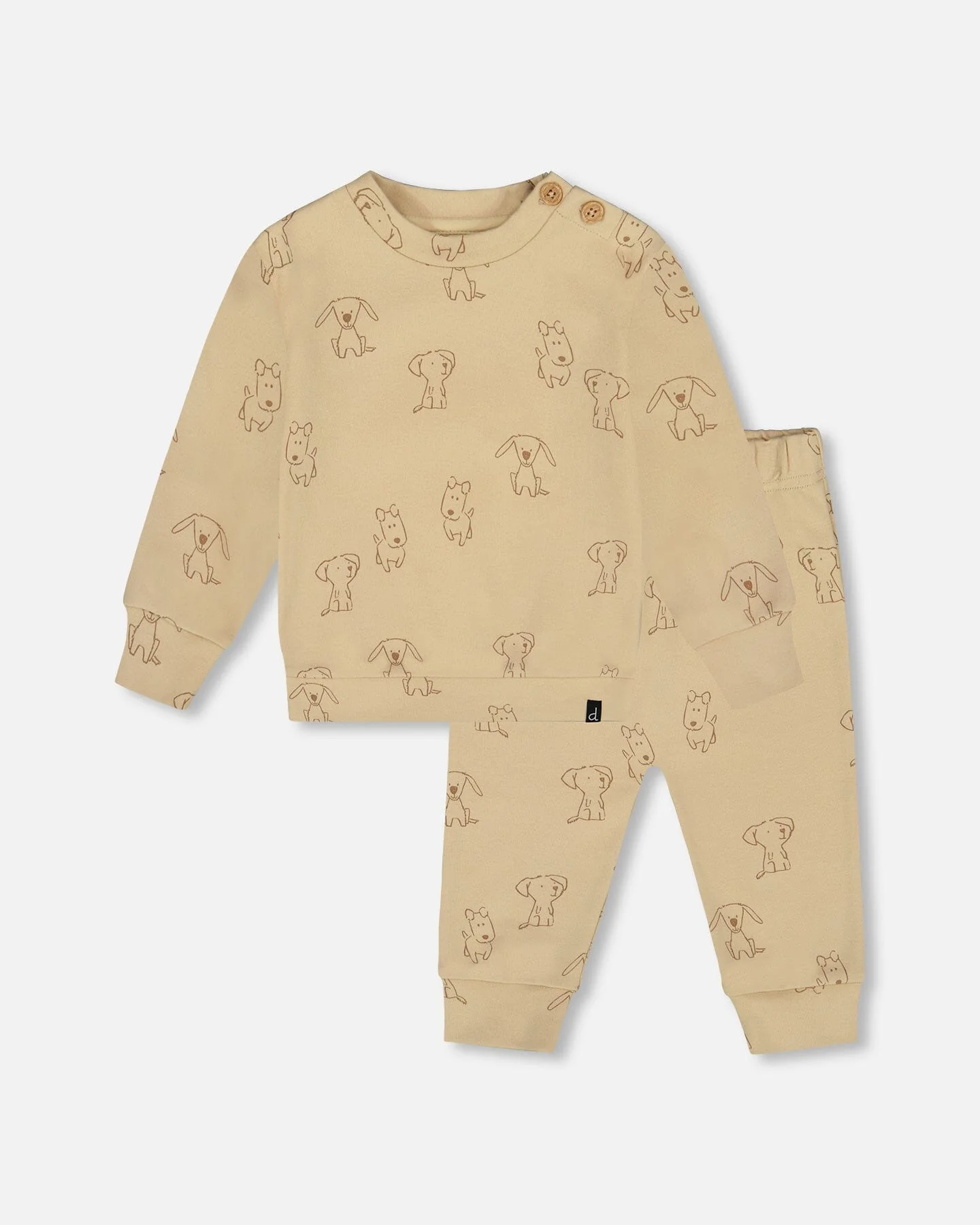 Organic Cotton Pant And Top Set Beige Printed Dogs - Deux par Deux