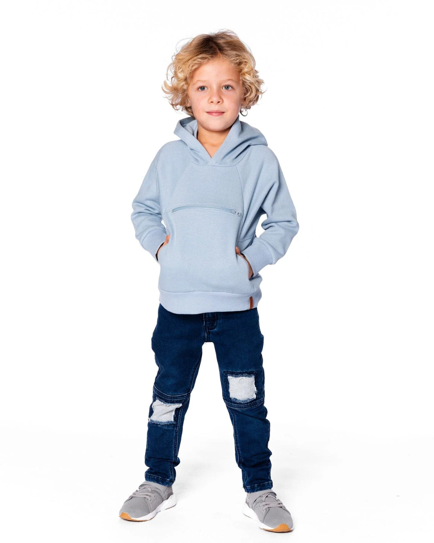 Pullover Hooded Fleece Sweatshirt With Zip Pocket Light Blue - Deux par Deux