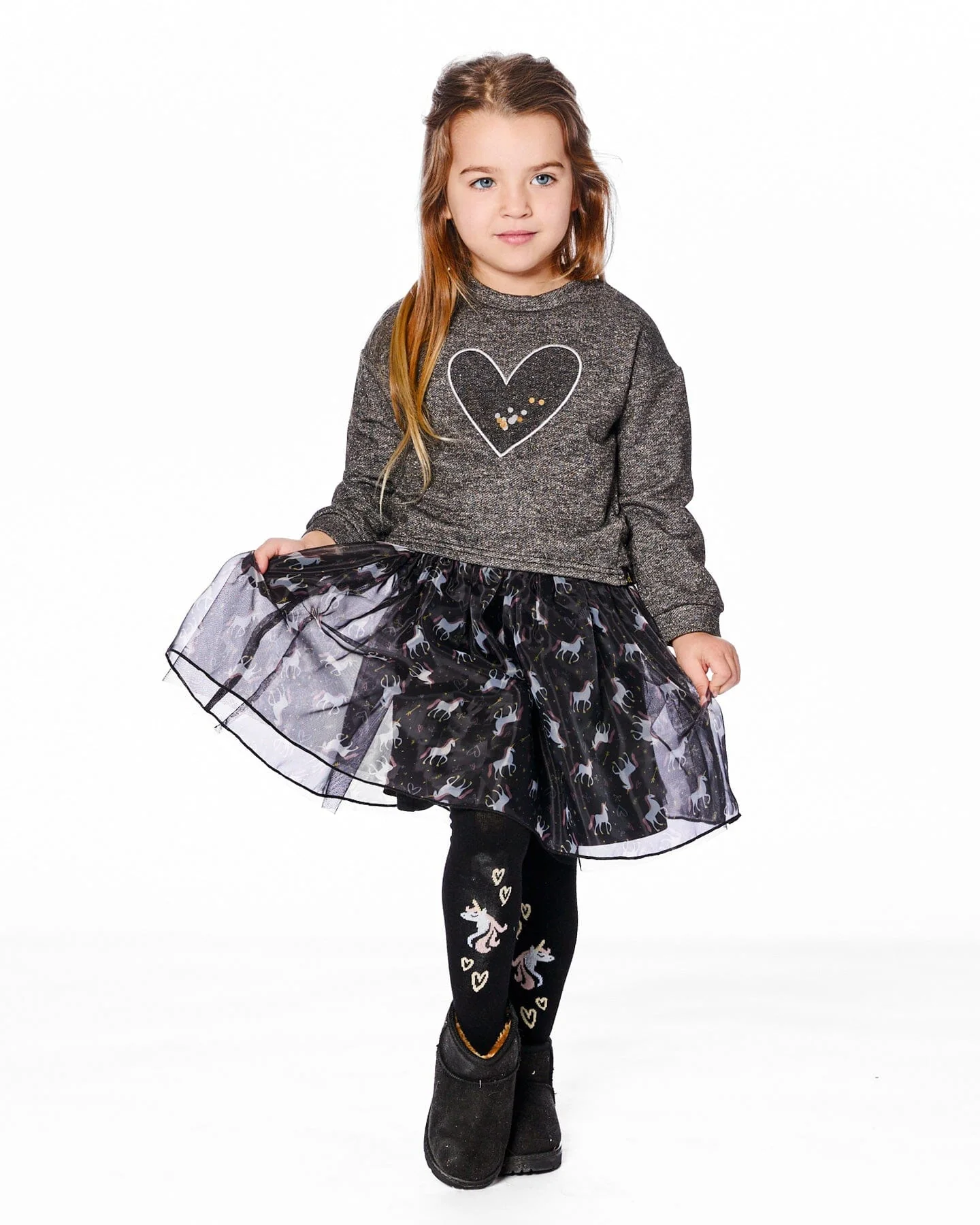 Knit Tights Black With Unicorns And Hearts - Deux par Deux