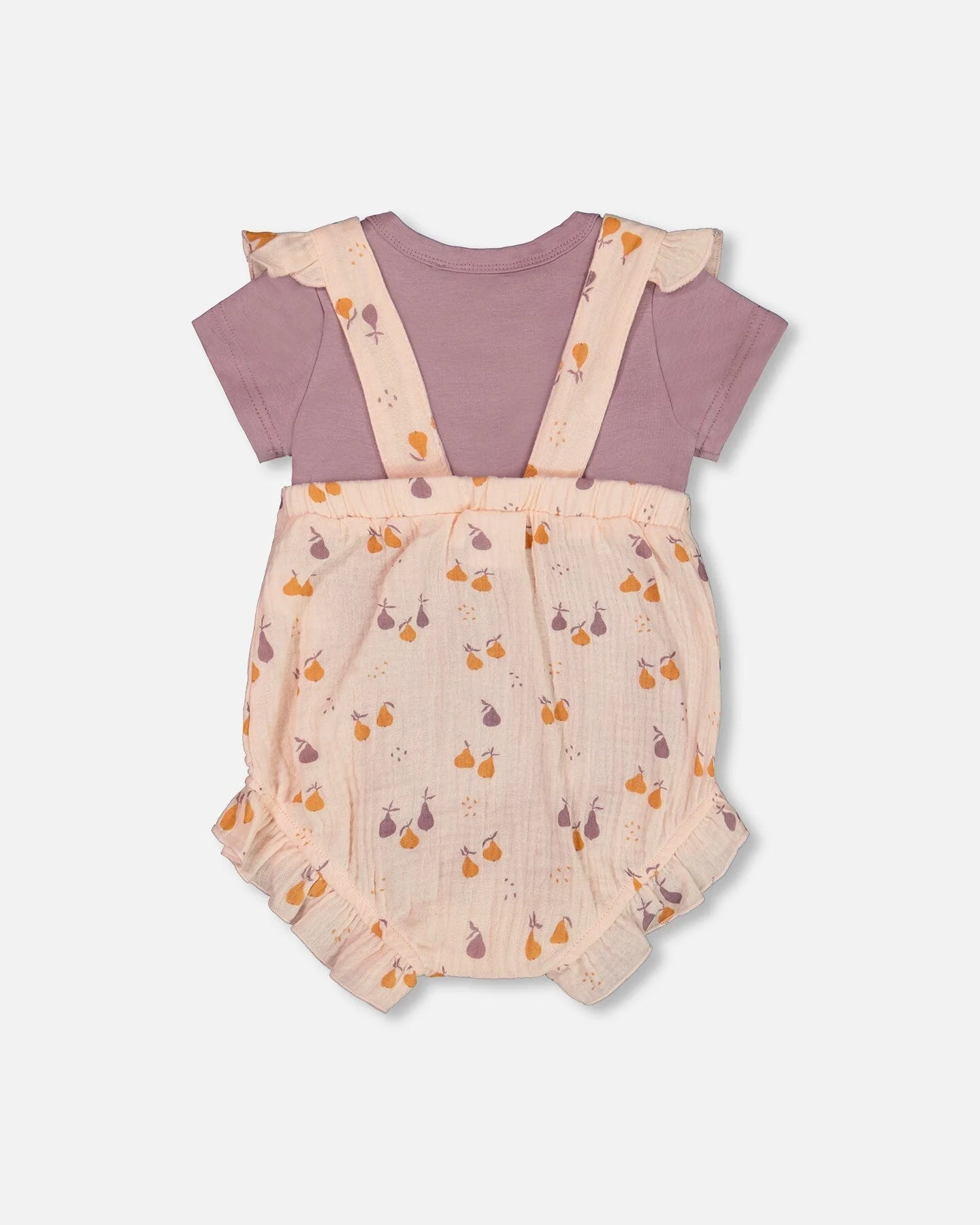 Printed Muslin Shortall And Organic Cotton Onesie Set Peach With Pears - Deux par Deux