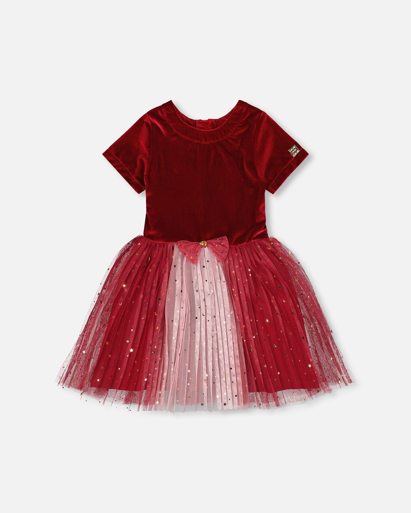 Bi-Material Short Sleeve Party Dress Red - Deux par Deux