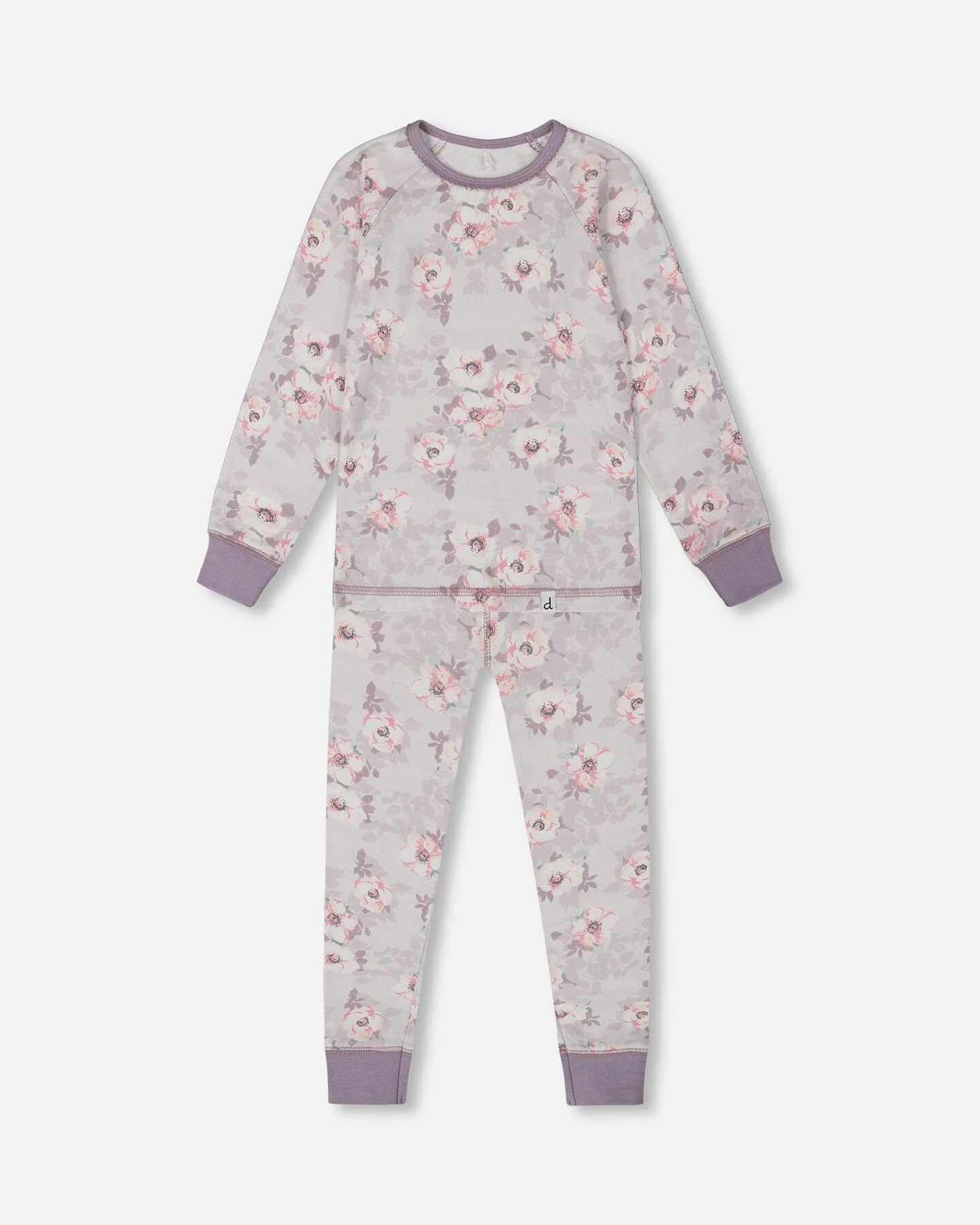 Printed Organic Cotton Long Sleeve Top And Pant Pajama Set Pale Pink Flowers On Neutral Lilac - Deux par Deux