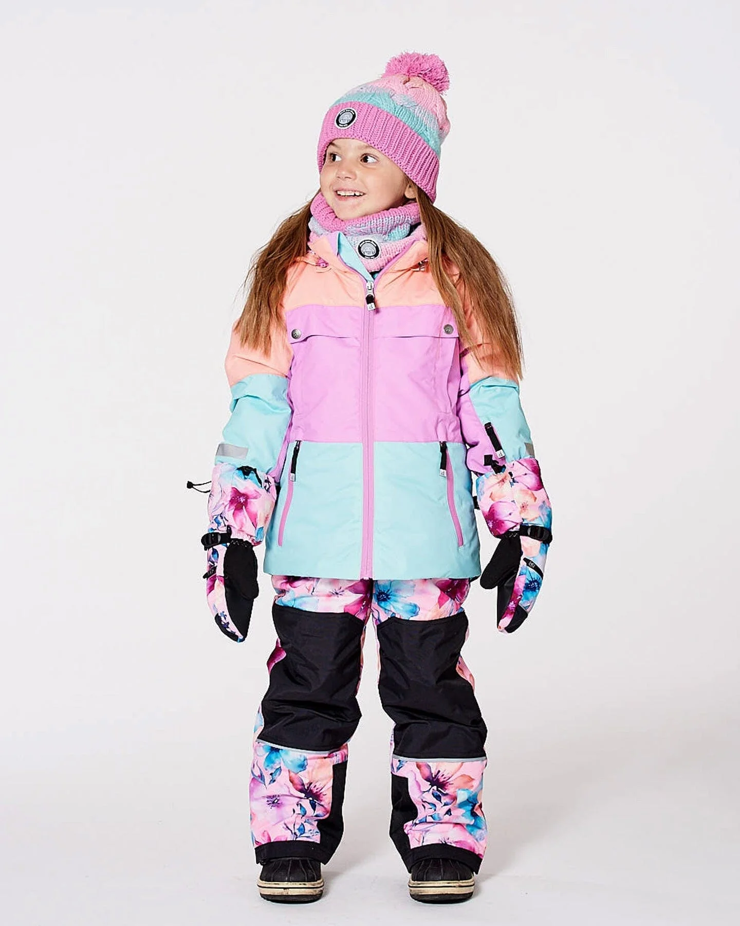 Two-Piece Teknik Snowsuit With Colorblocked Jacket Pink Watercolor Flower Print - Deux par Deux