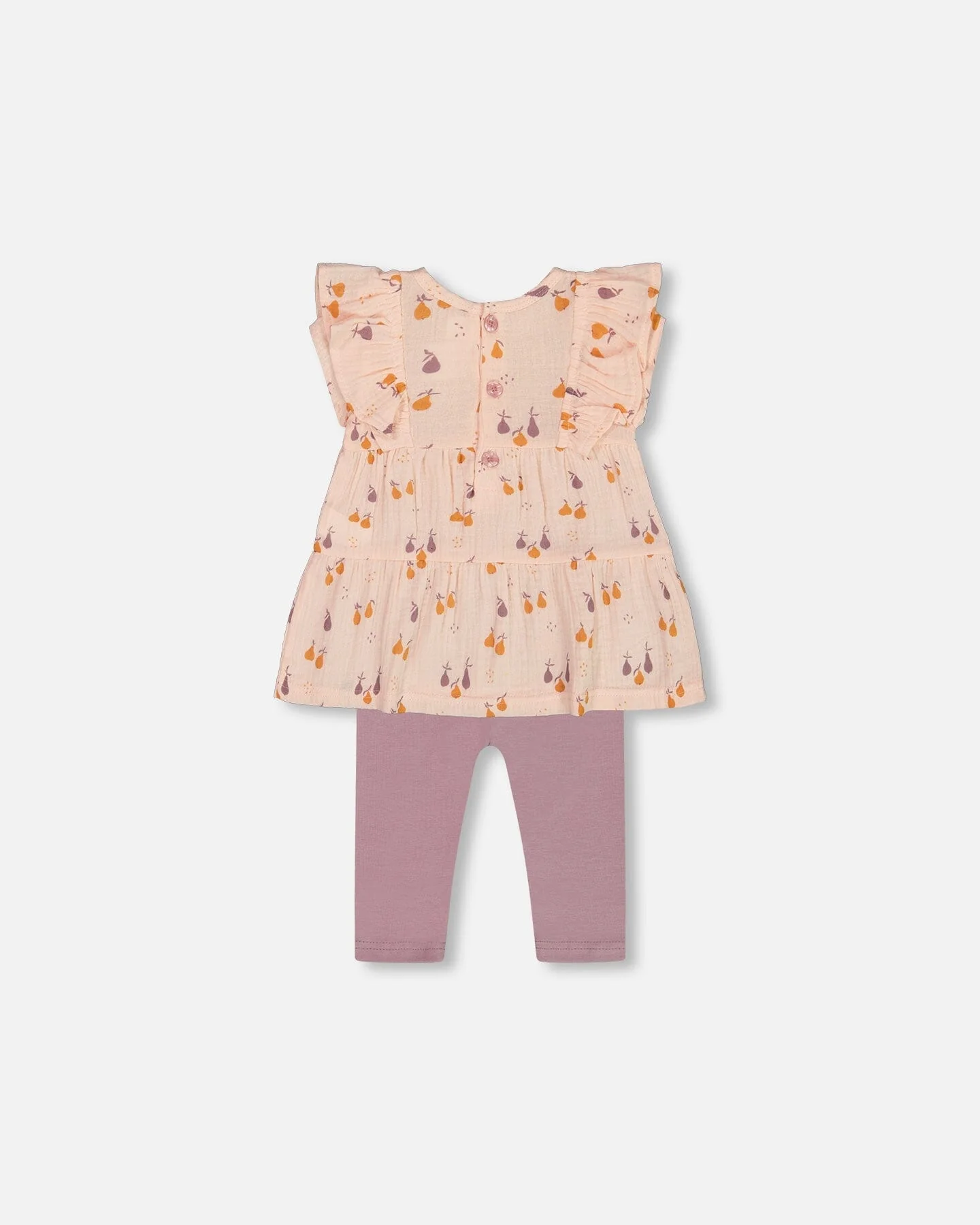 Printed Muslin Tunic And Organic Cotton Legging Set Peach With Pears And Purple - Deux par Deux