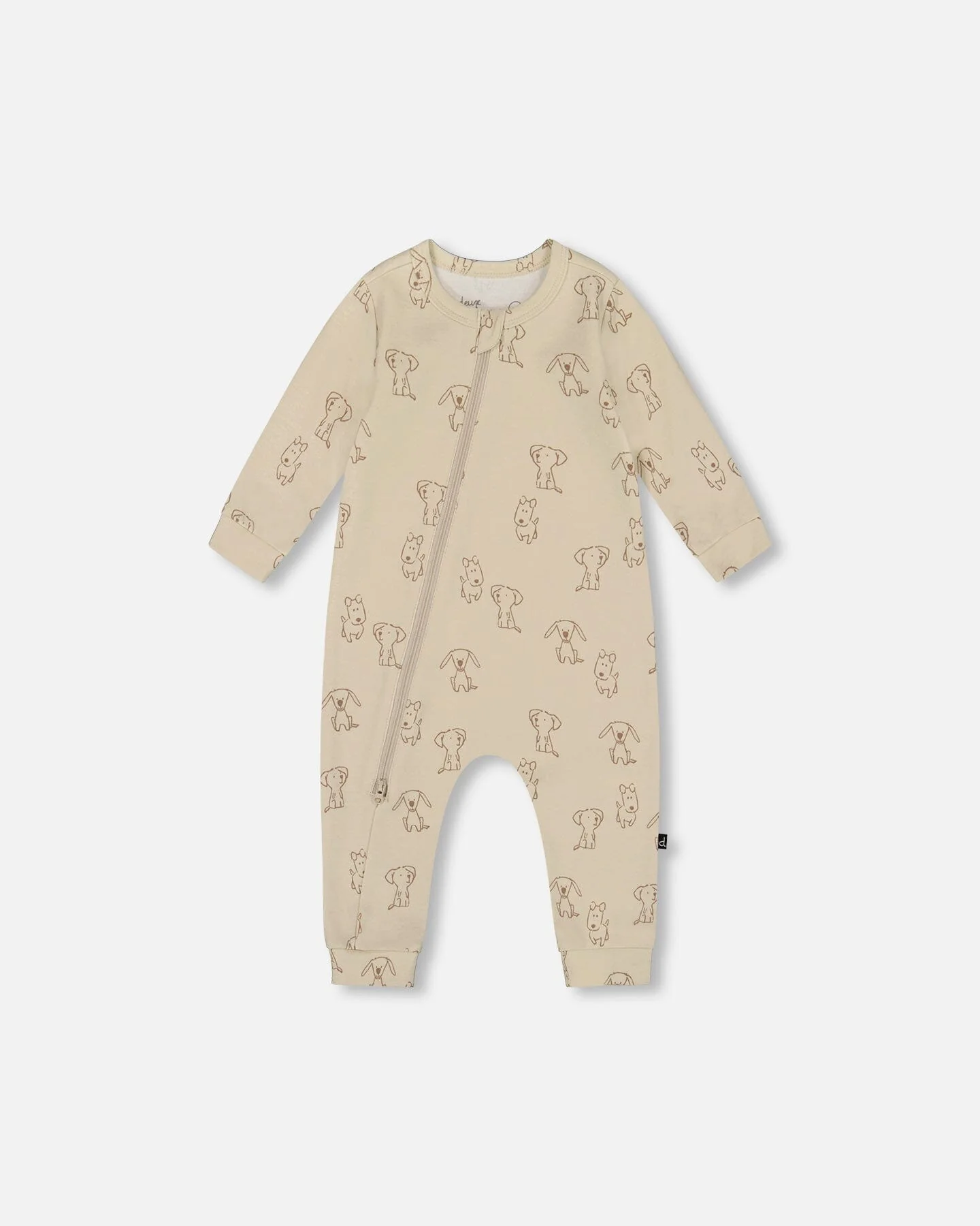 Organic Cotton Zipped Romper Beige Puppy Print - Deux par Deux