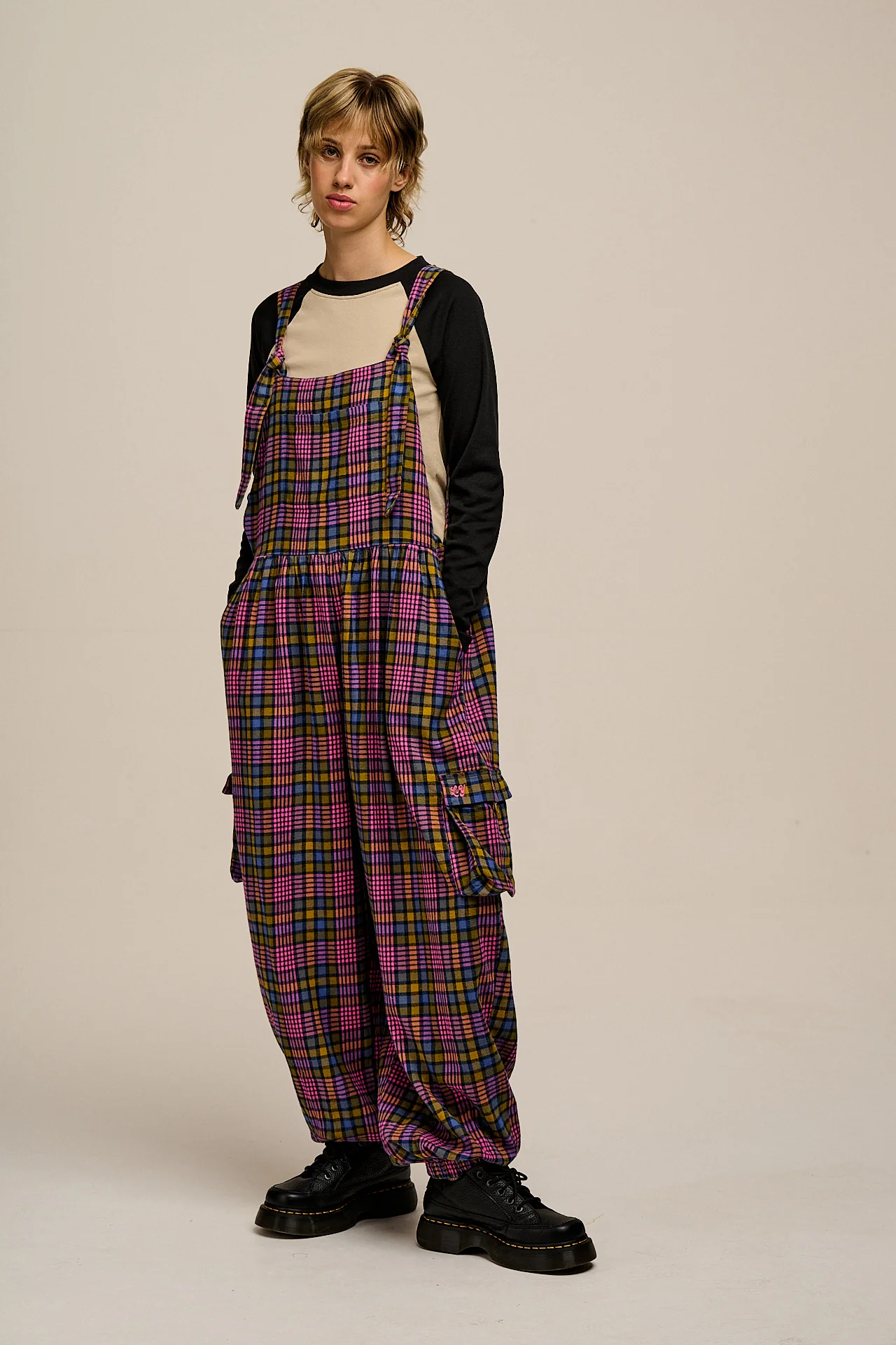 Miyada - Brushed Cotton Dungarees in Grunge Purple Check