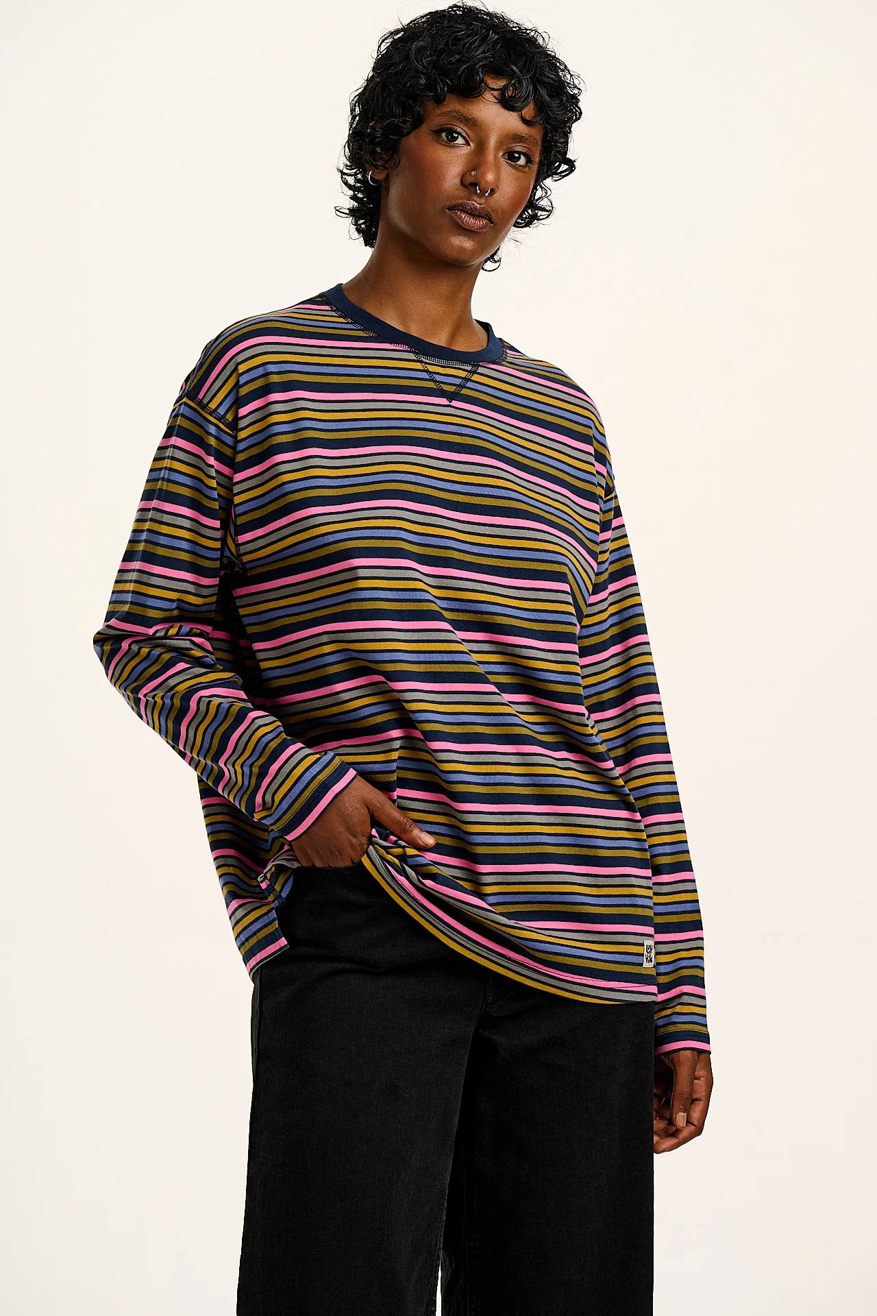 Murat - Long Sleeve Lightweight Cotton Tee in Grunge Stripe