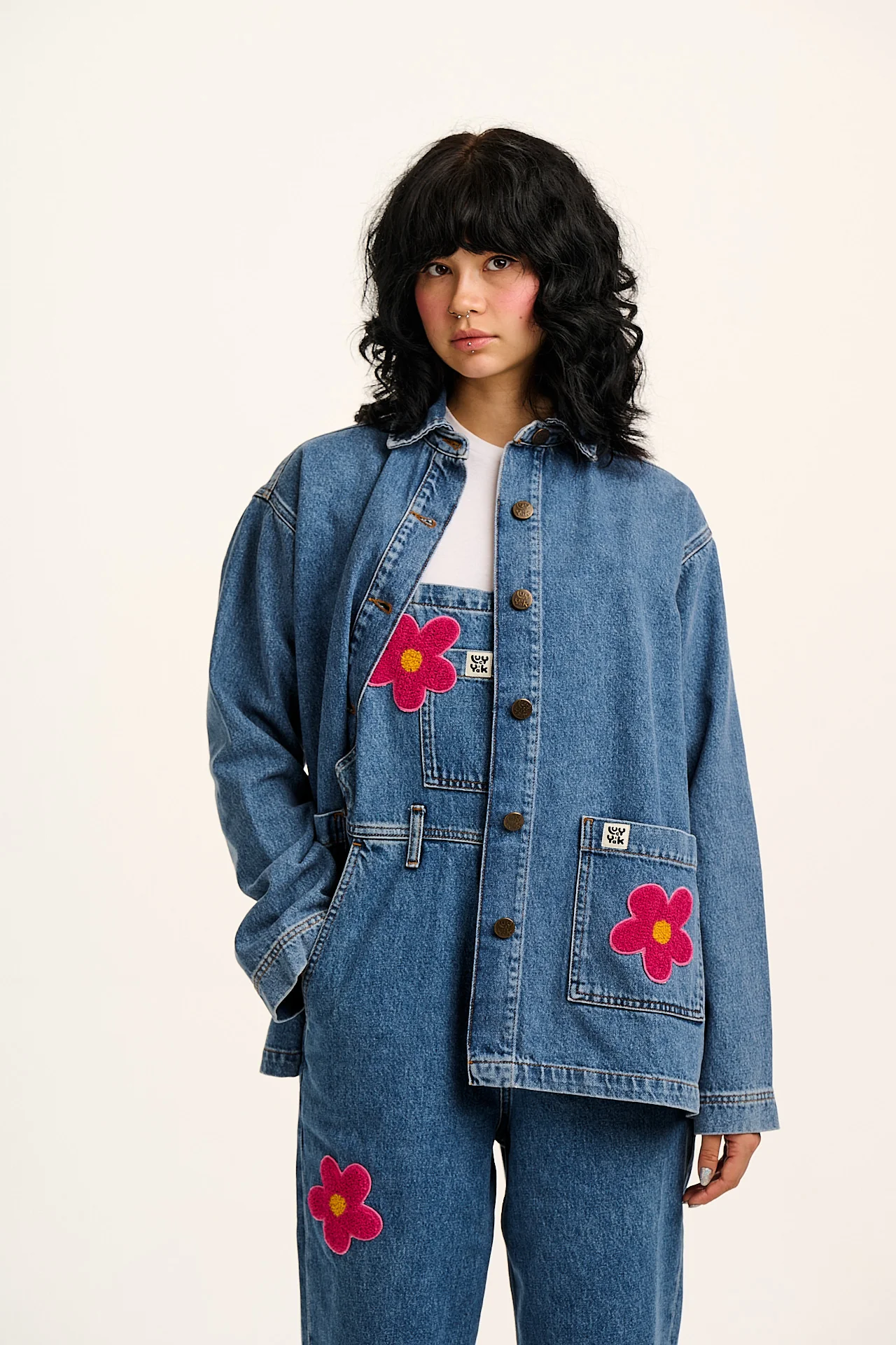 Olly - Denim Jacket in Mid Wash Blue with Pink Flower Motif