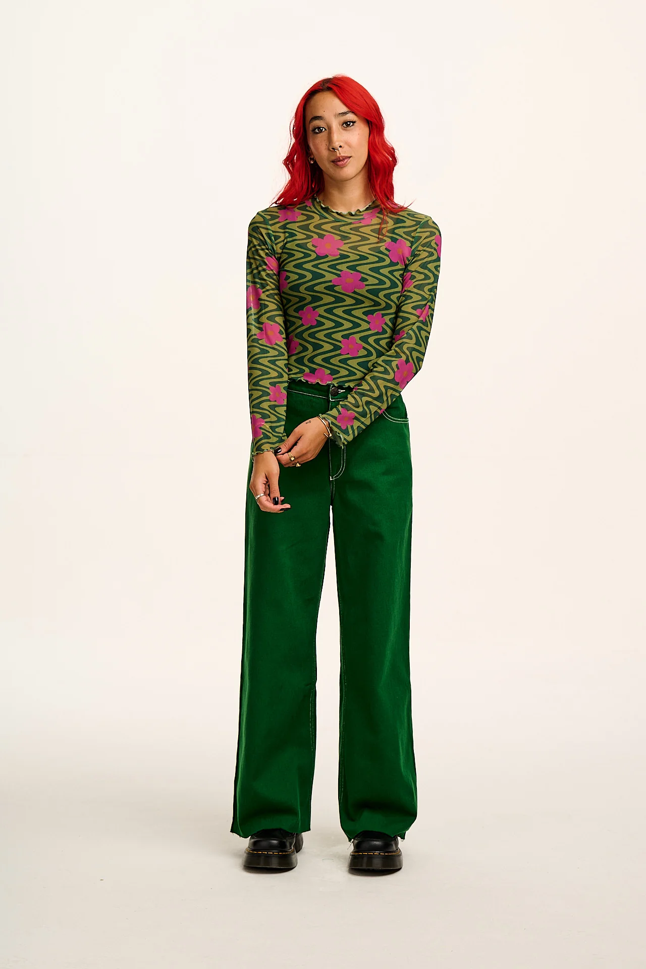 Perrie - Long Sleeve Mesh Top in Green Floral Swirl Print
