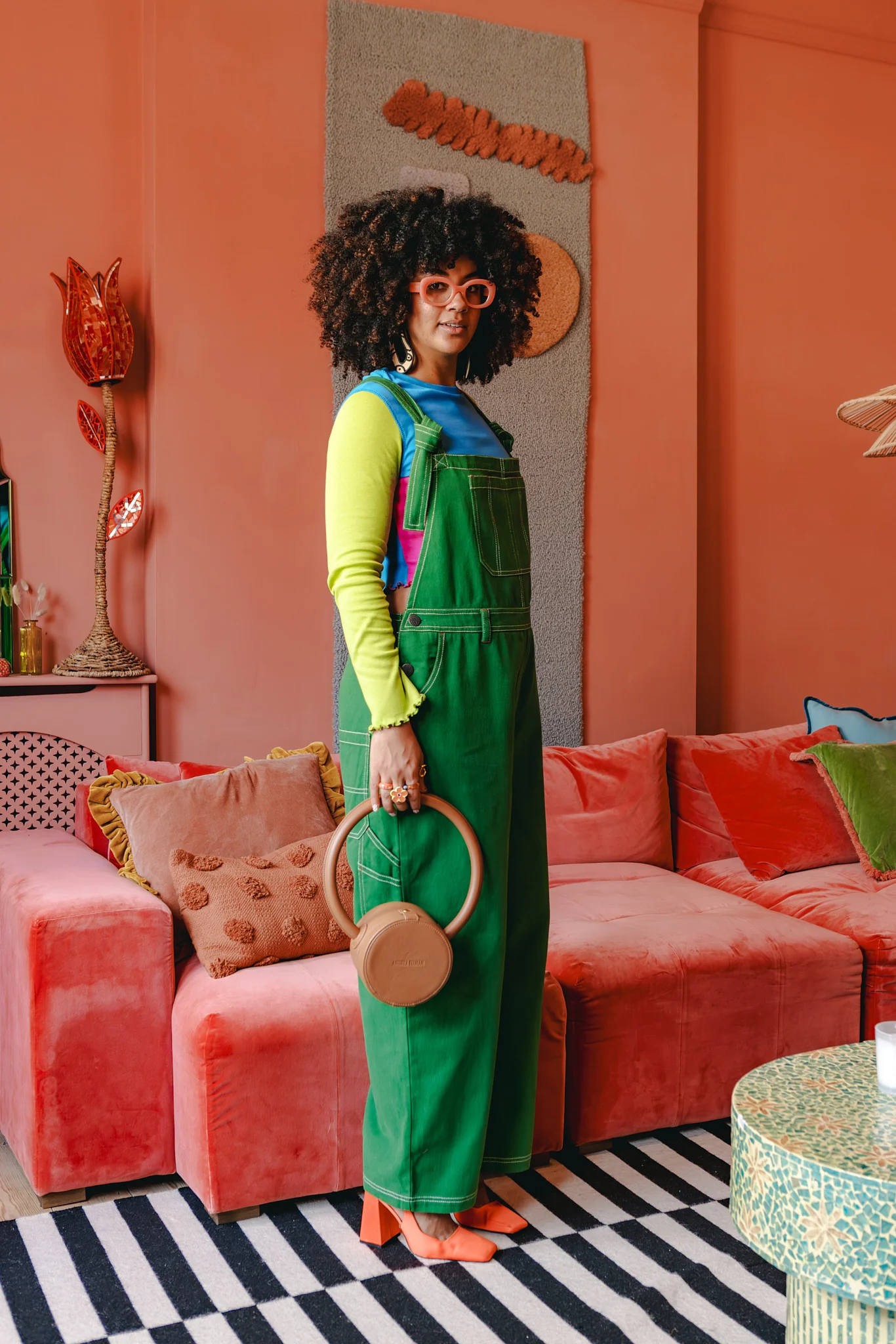 Mullen - Cotton Dungarees in Green Contrast Stitch