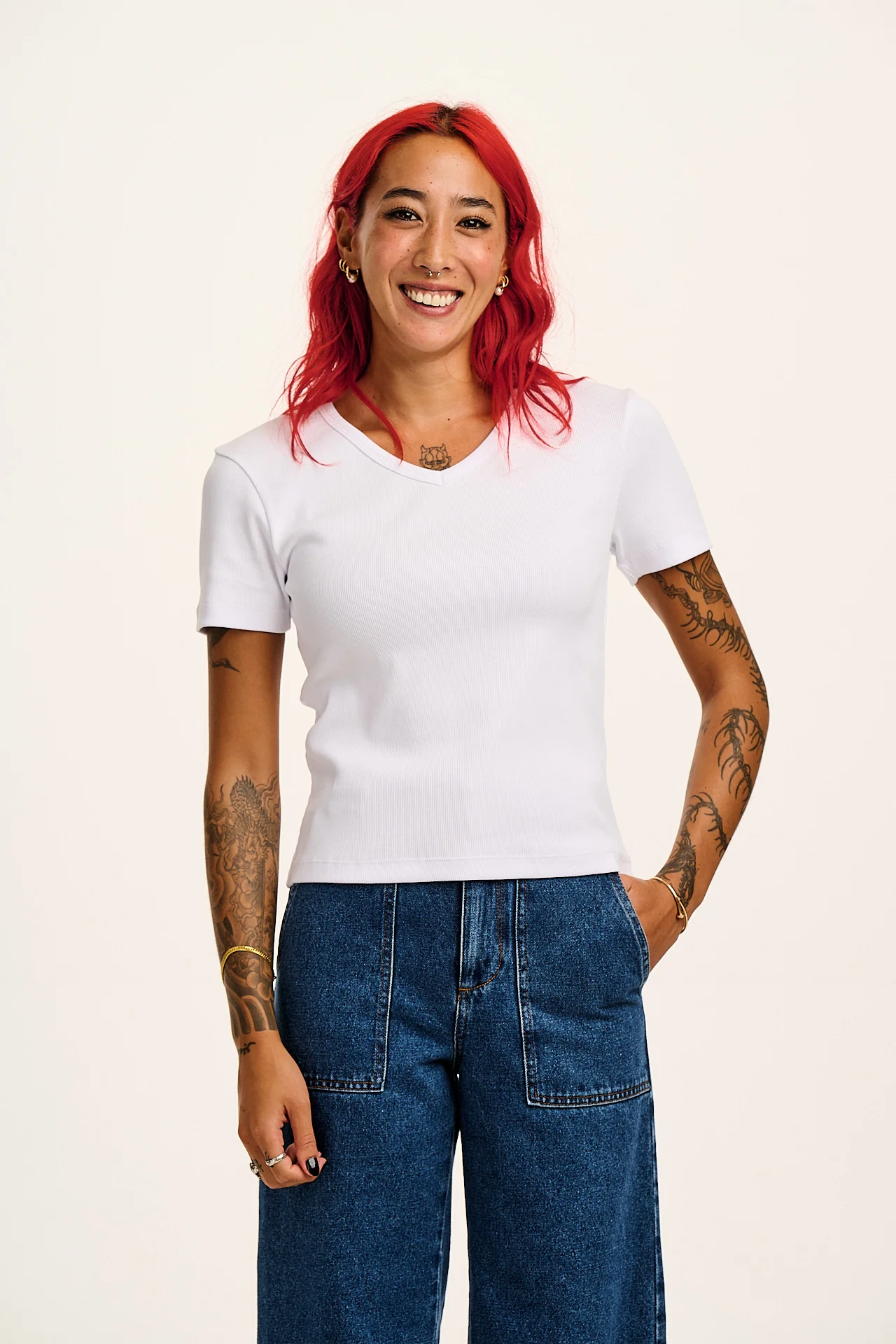 Ivy - Ribbed Cotton V Neck Tee in White