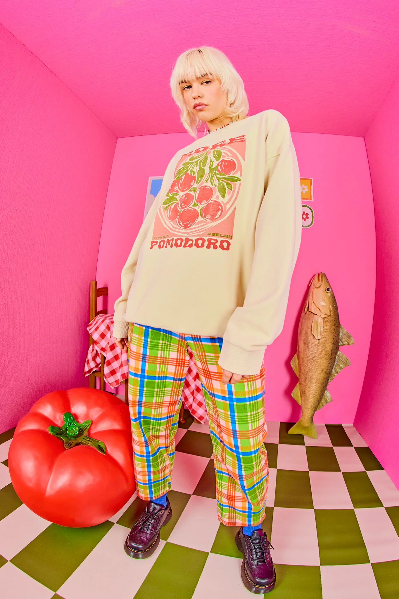 Drew - Straight Leg Cotton Trousers in Kitchen Check