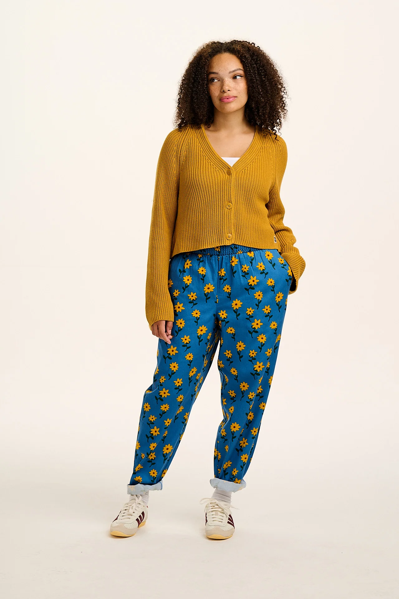 Alexa - Cotton Trousers in Blue Sunflowers Print