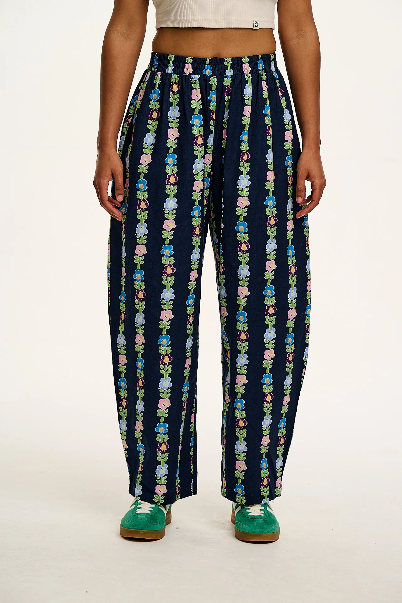 Freddie - Barrel Leg Cotton & Linen Trousers in Navy Island Bloom Print
