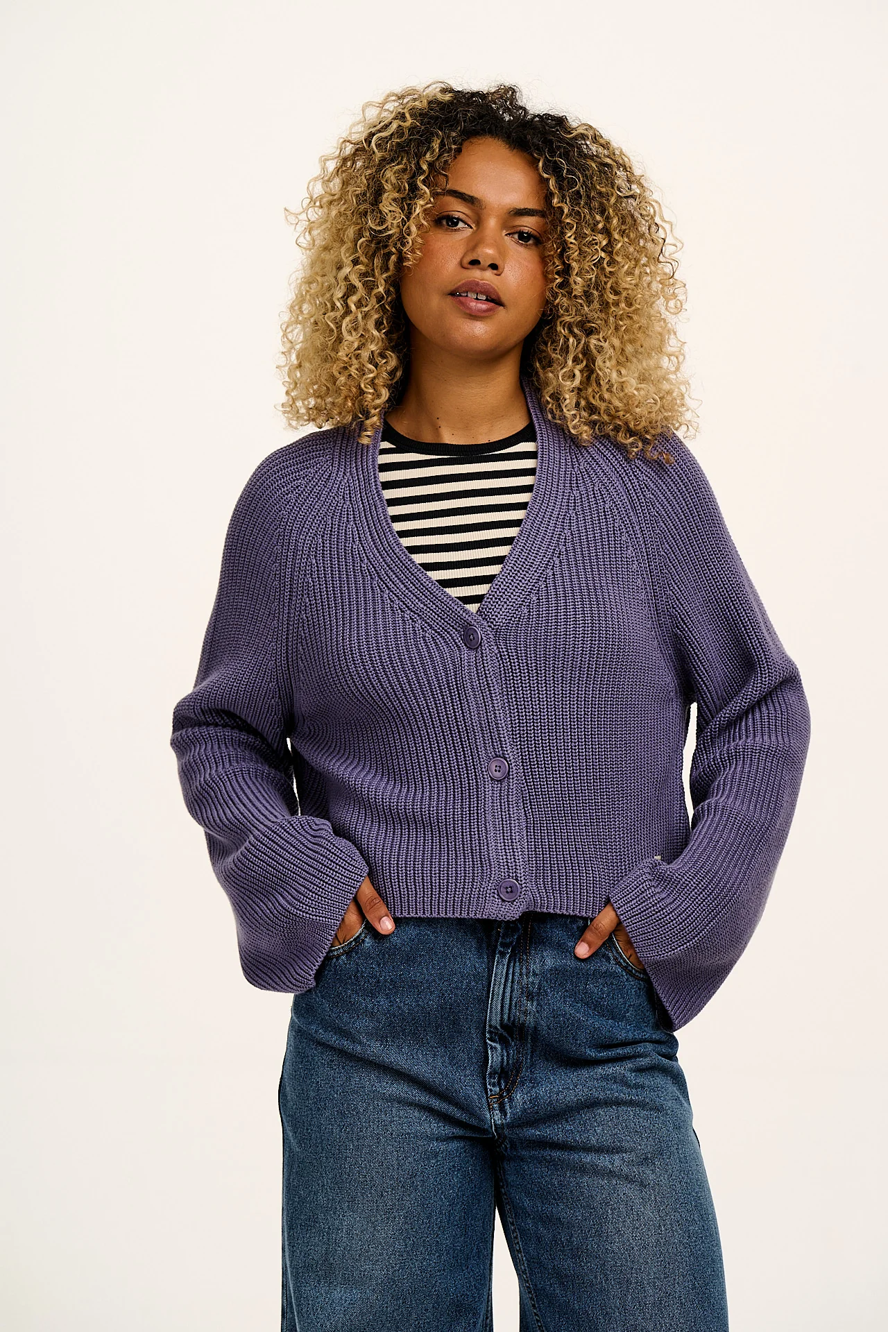Robyn - V-Neck Cotton Cardigan in Purple