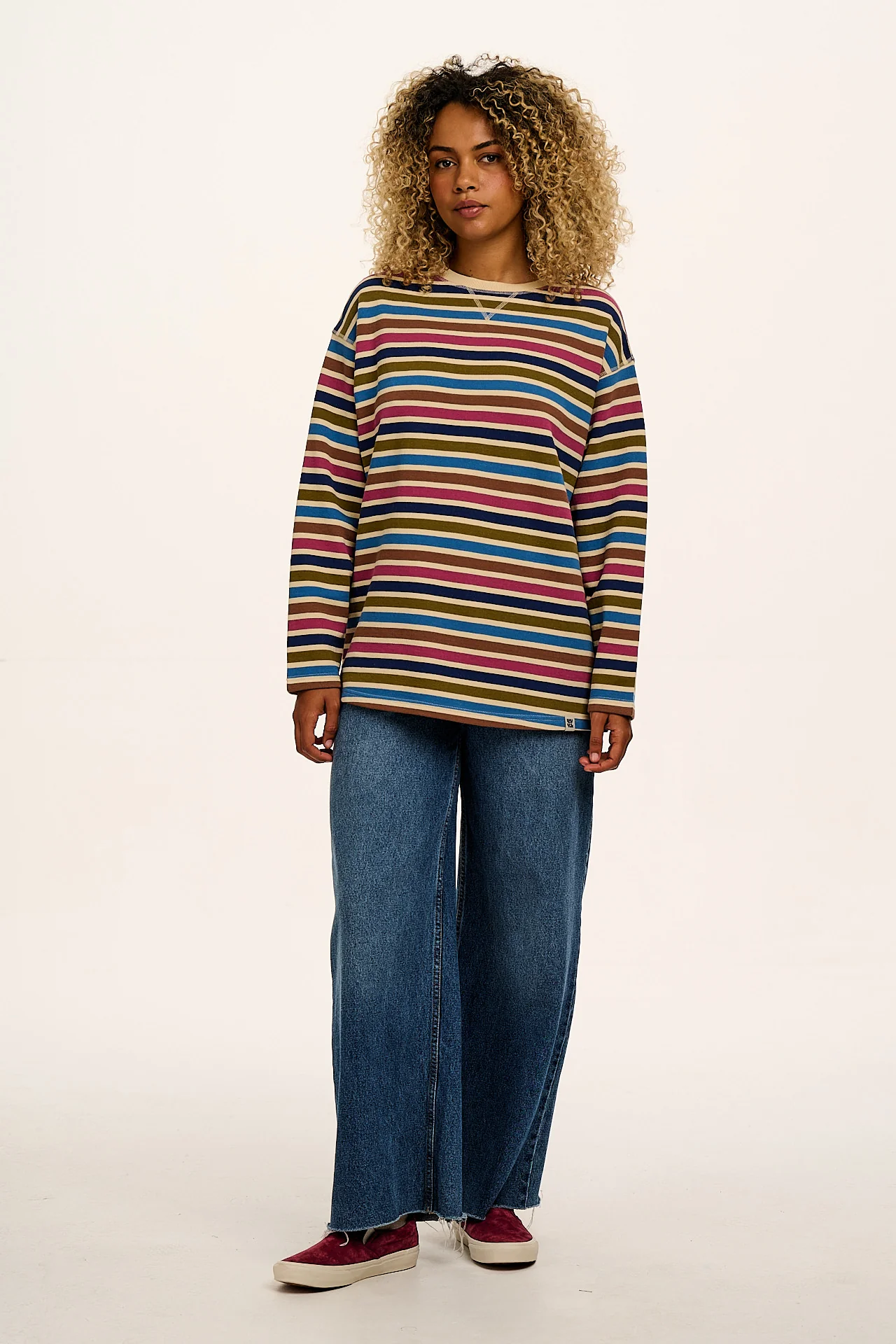 Kai - Midweight Cotton Crew Neck Sweatshirt in Rainbow & Ecru Stripe