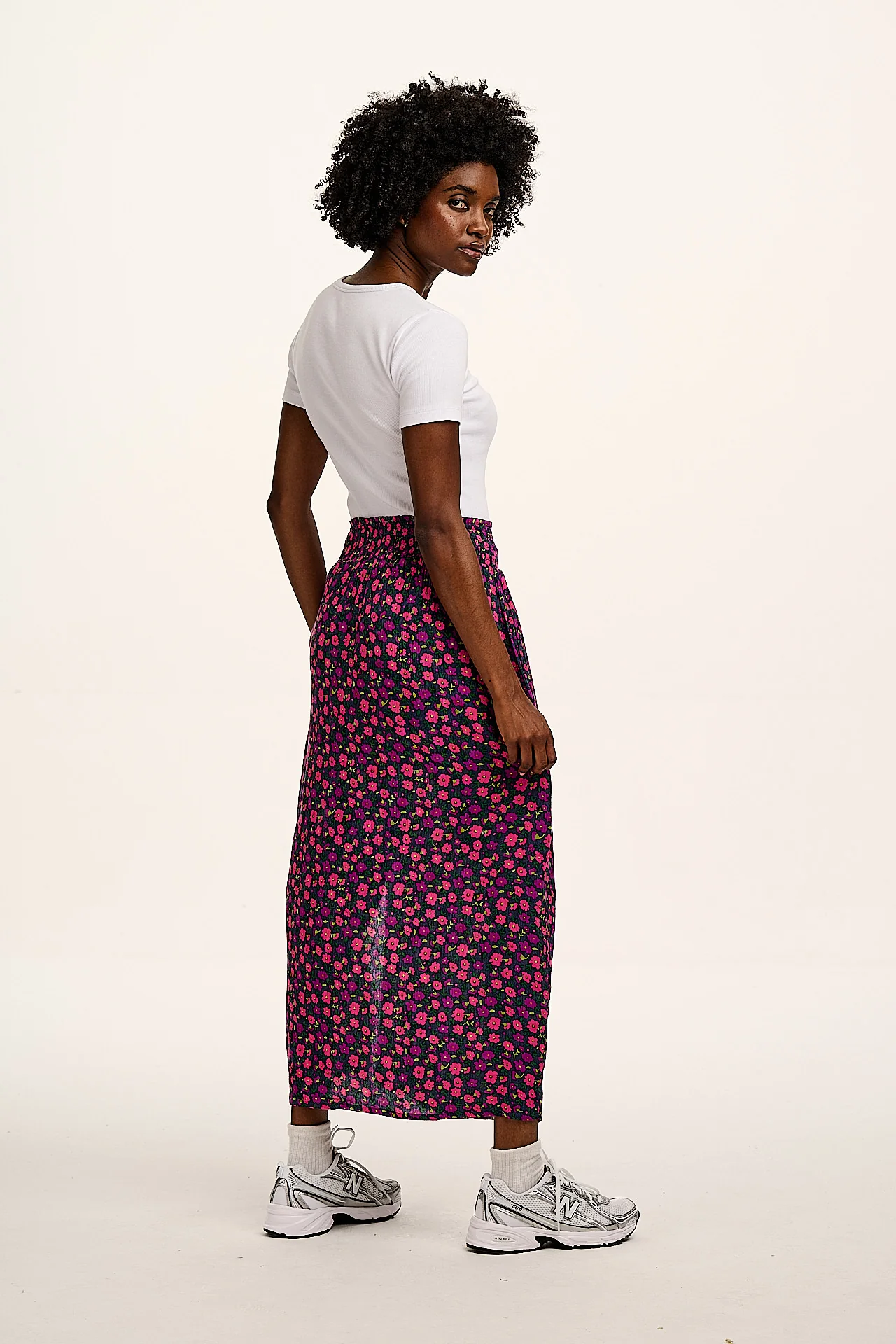 Poppy - Elasticated Waist Skirt in Purple Ditsy Floral Print