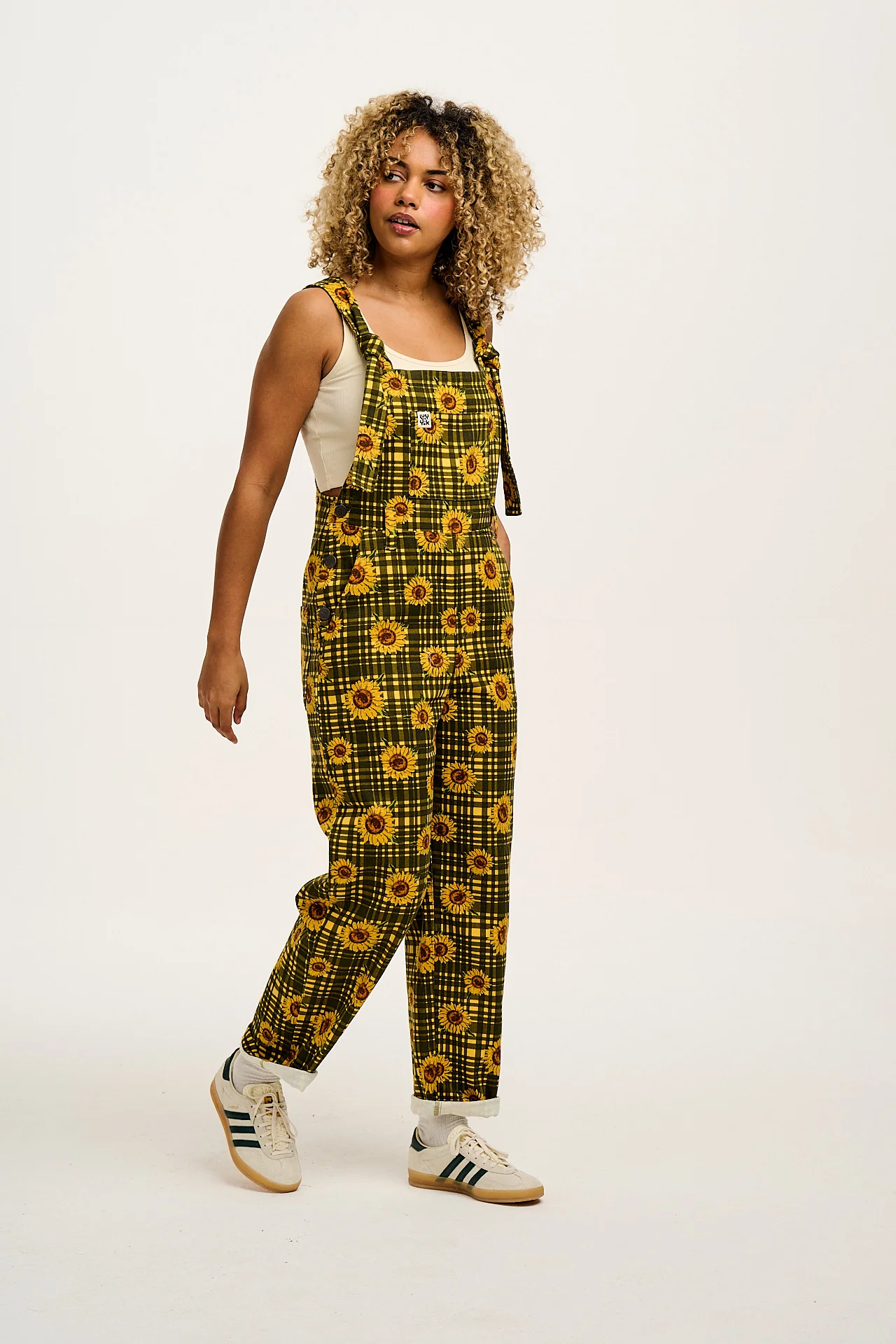 Easton - Cotton Dungarees in Green Sunday Sunflowers Print