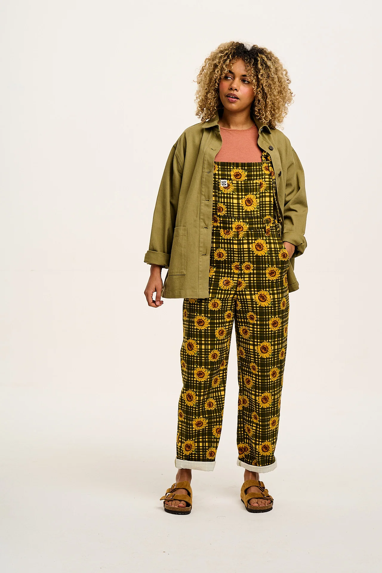 Easton - Cotton Dungarees in Green Sunday Sunflowers Print