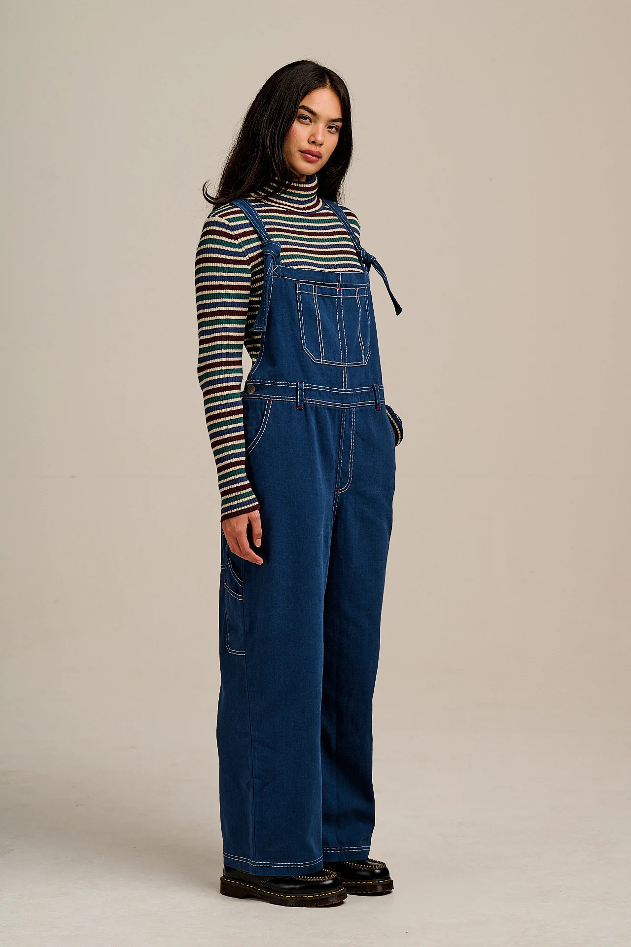 Mullen - Cotton Dungarees in Navy with Contrast Stripe