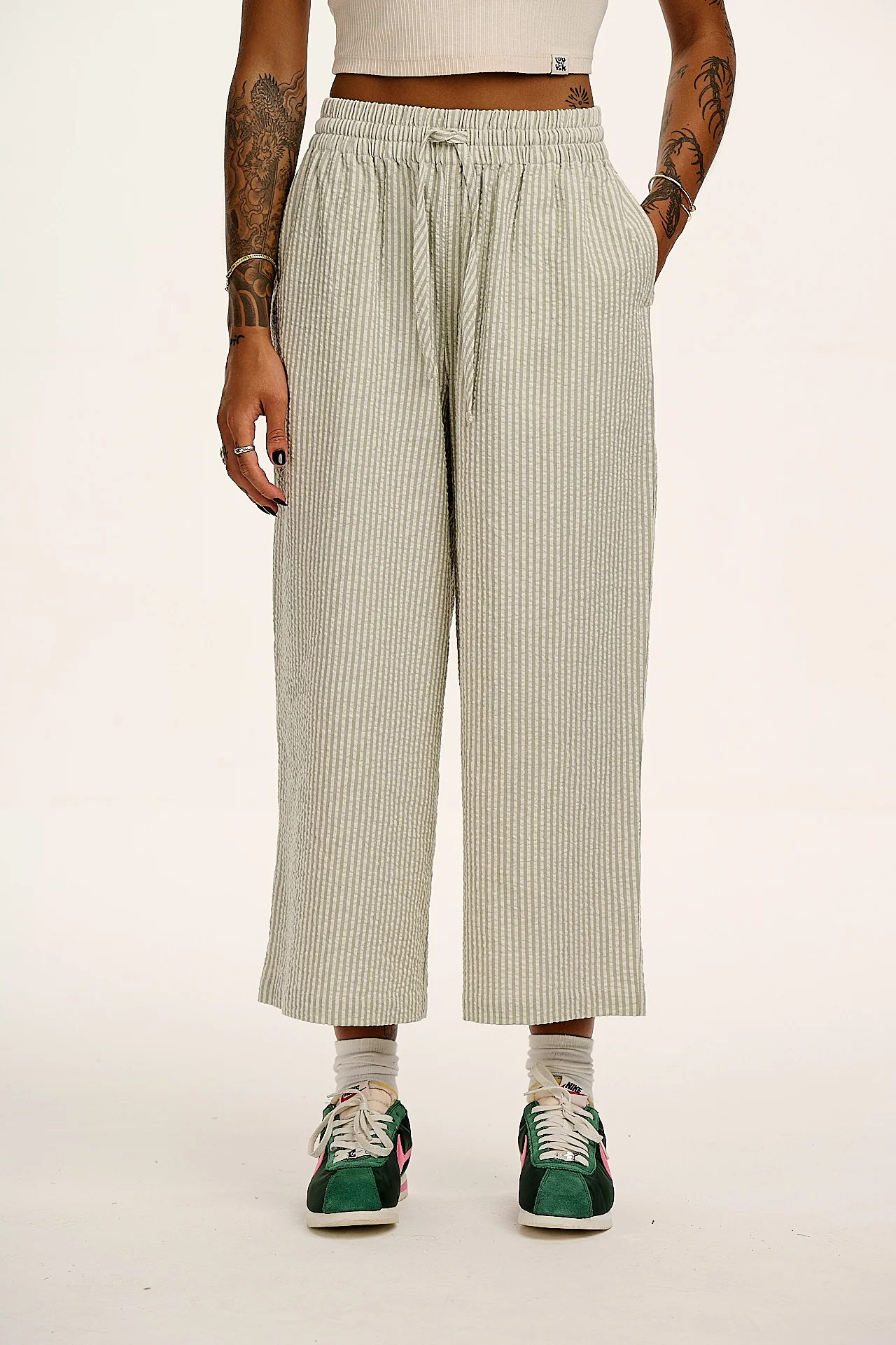 Chuck - Wide Leg Cotton Trousers in Green Stripe