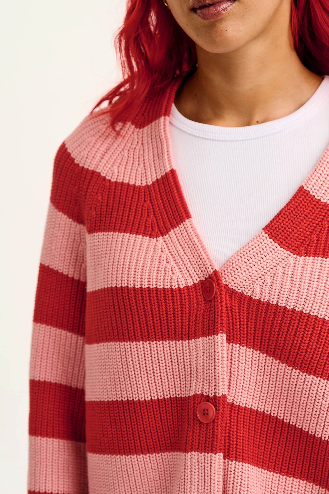Robyn - V-Neck Cotton Cardigan in Pink & Red Stripe