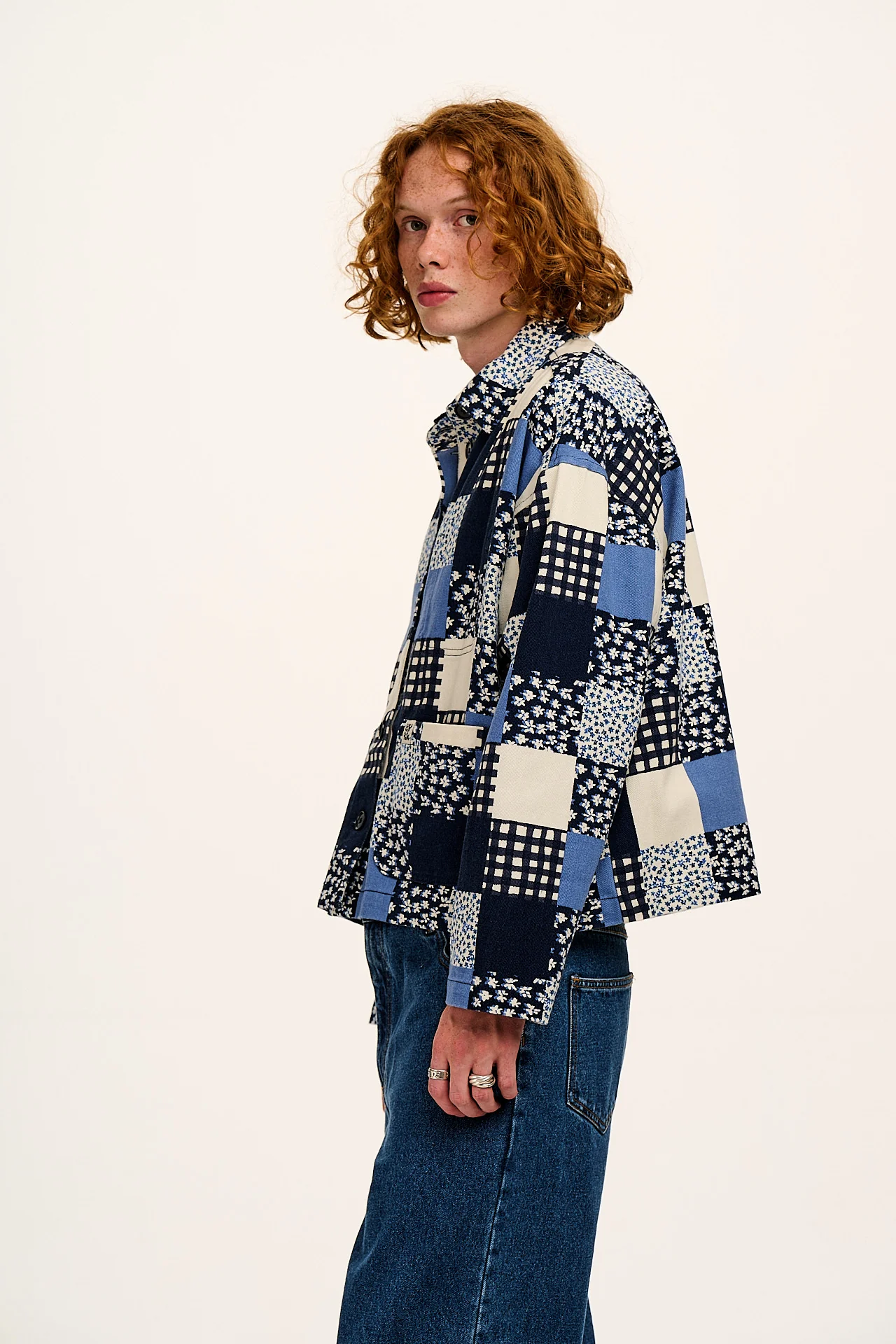 Connie - Cotton Jacket in Inked Blue Patchwork