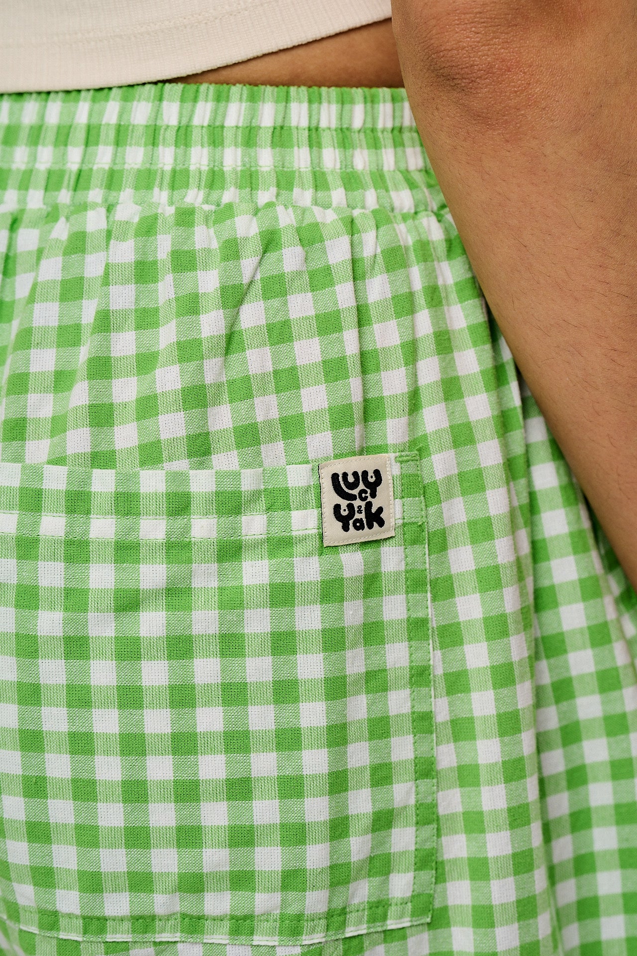 Freddie - Barrel Leg Cotton Trousers in Green Bonitto Gingham