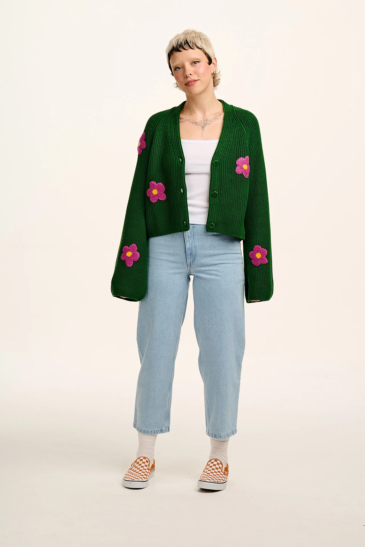 Robyn - V-Neck Cotton Cardigan in Green with Bubble Floral Motif