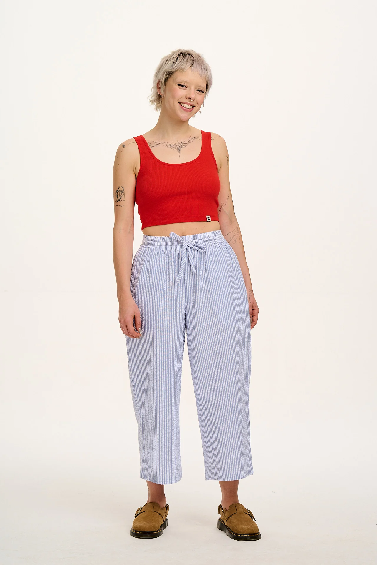 Chuck - Wide Leg Cotton Trousers in Blue Stripe
