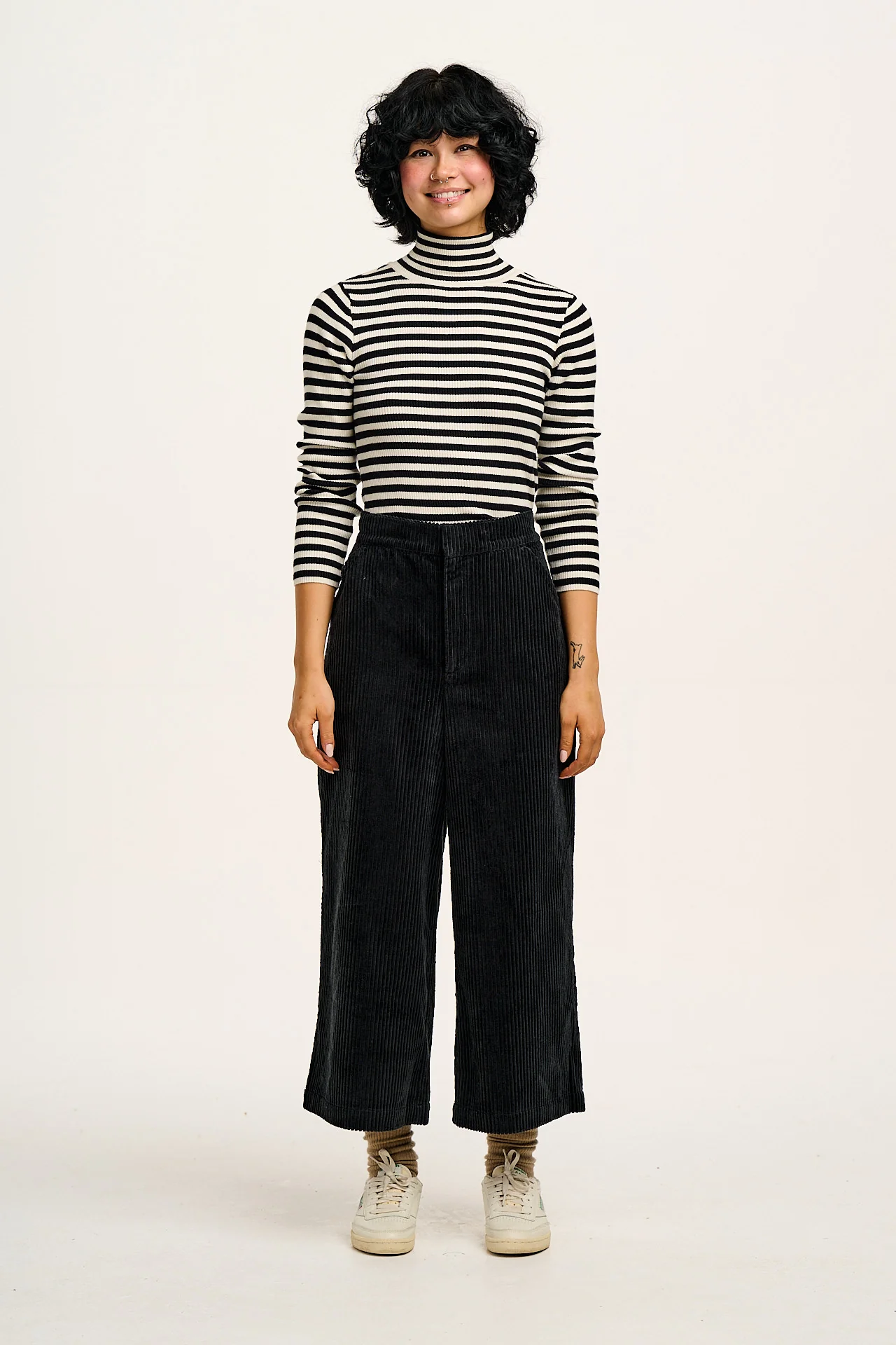 Aiden - Roll Neck Knitted Cotton Top in Black & White Stripe