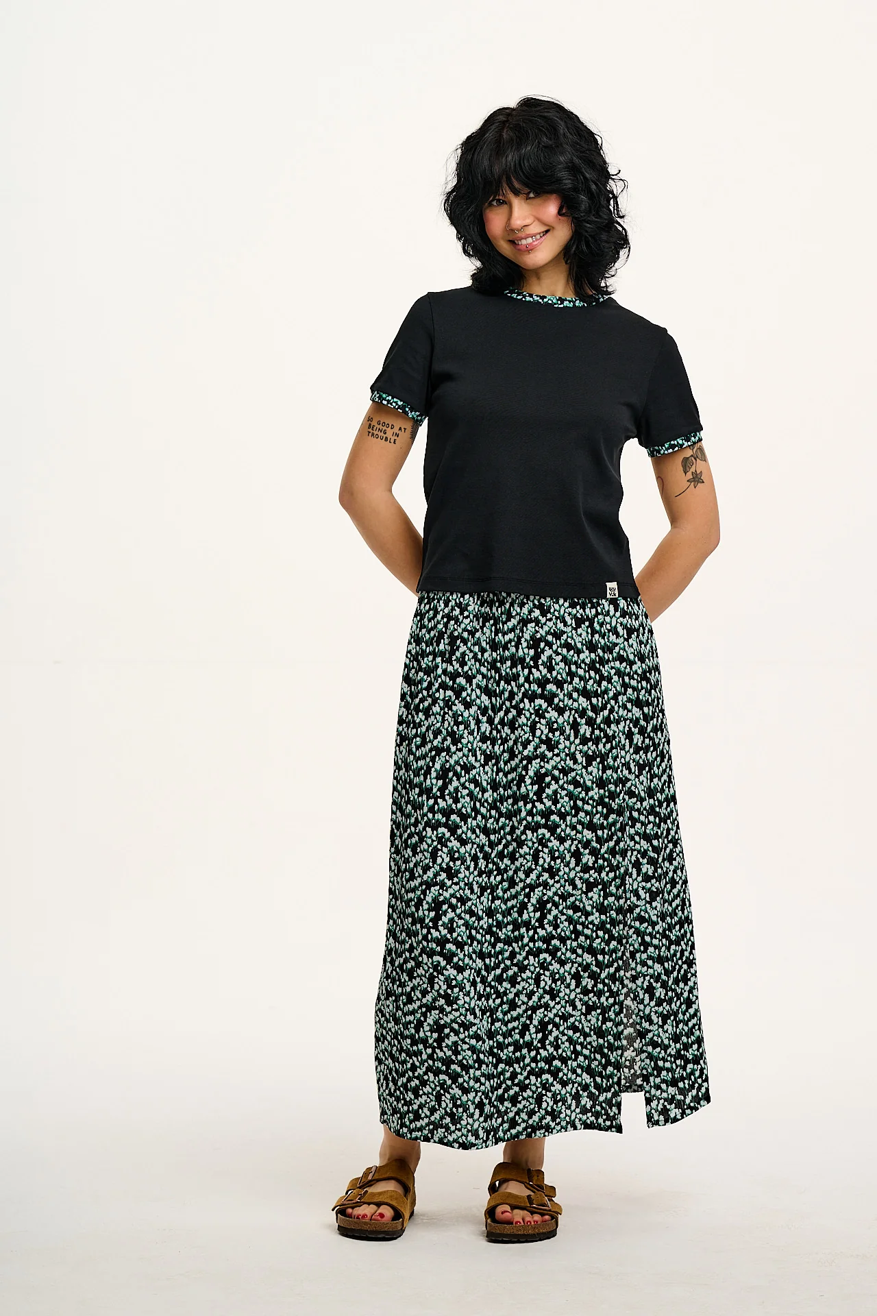 Poppy - Elasticated Waist Skirt in Blue Ditsy Floral Print