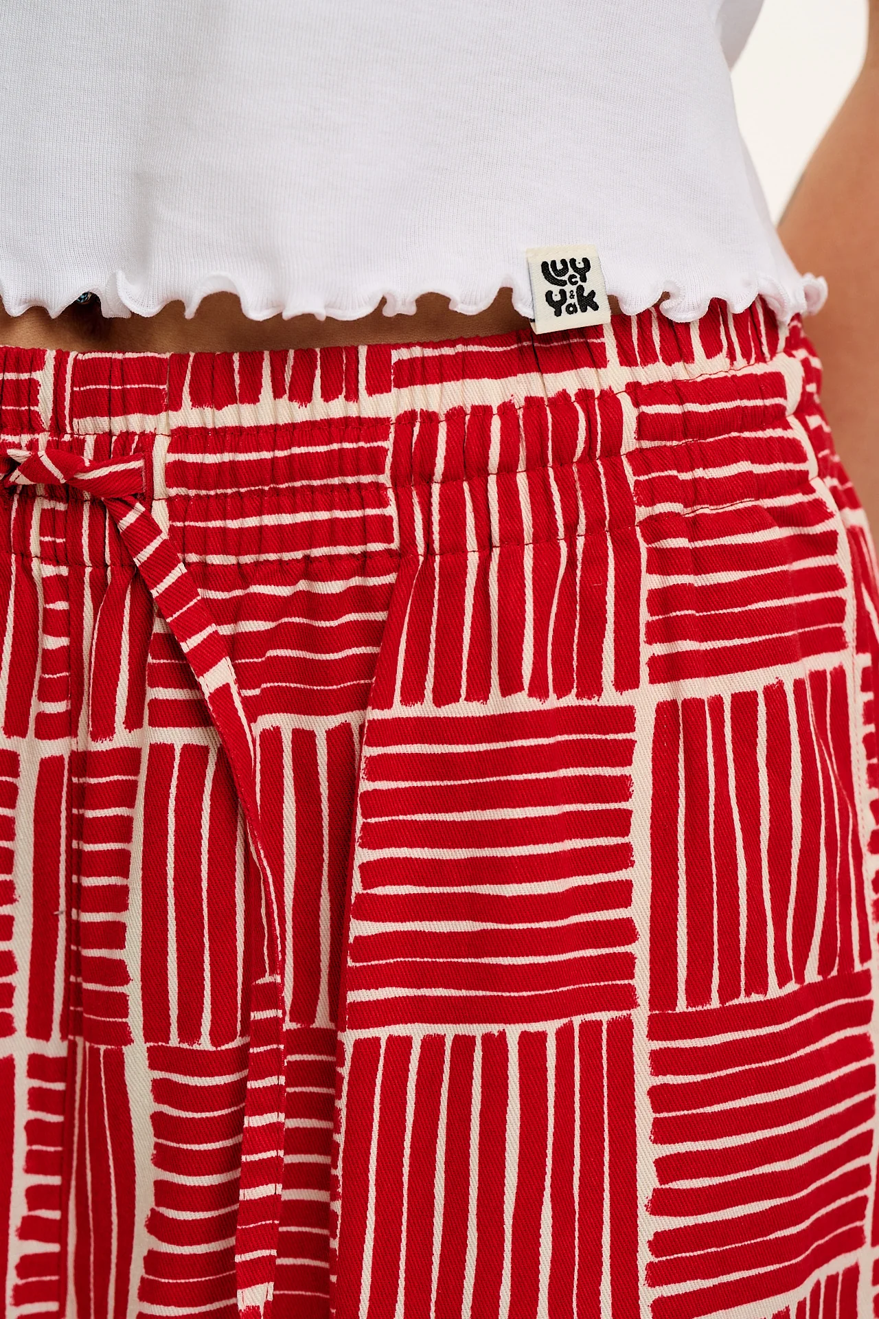 Chuck - Wide Leg Cotton Trousers in Red Geo Print